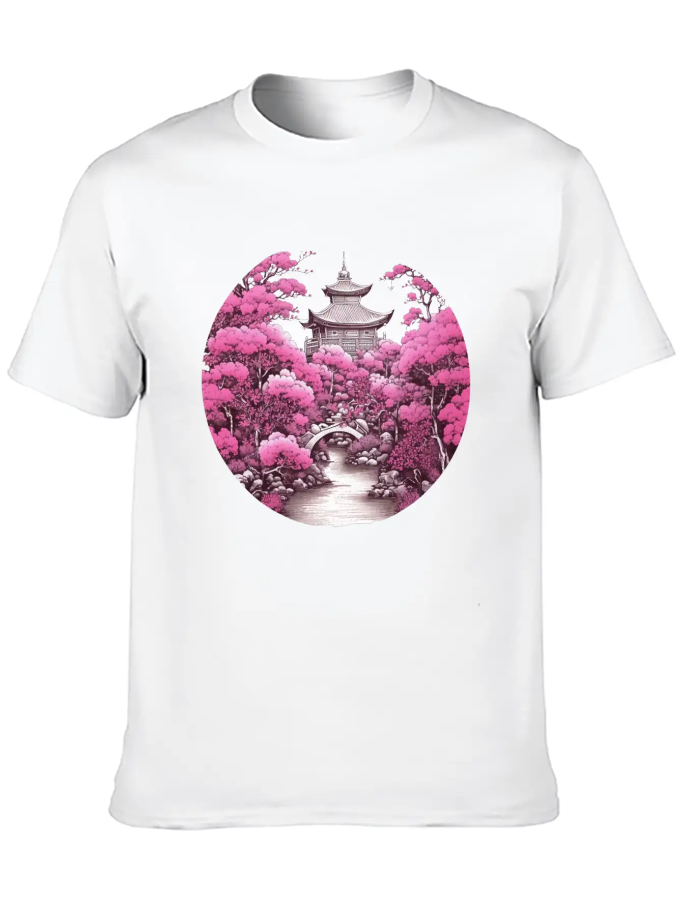 Asian Cultured Building With Blossom Tree Unisex Casual T-Shirt – Clean Design For Daily Comfort