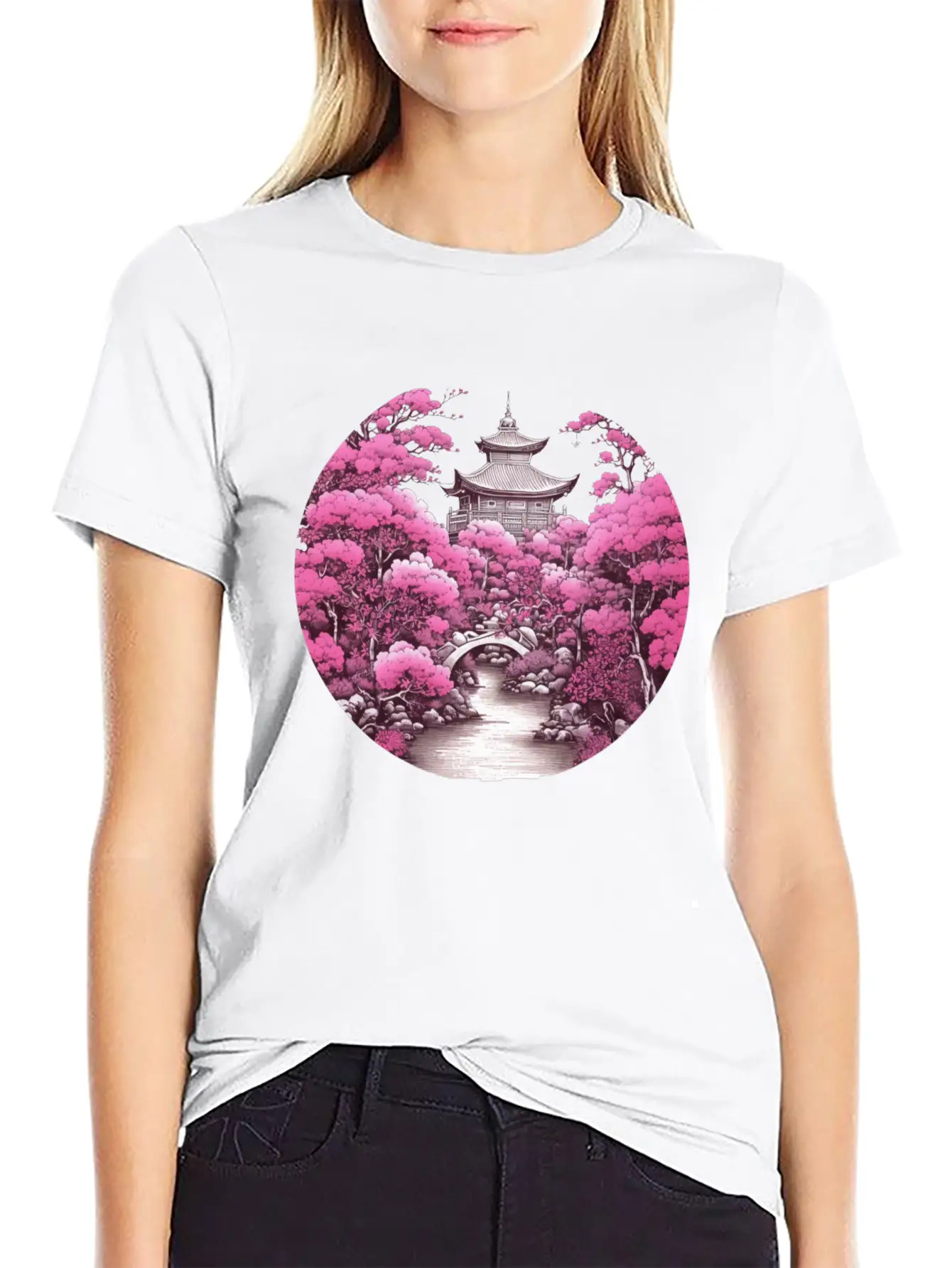 Asian Cultured Building With Blossom Tree Unisex Casual T-Shirt – Clean Design For Daily Comfort