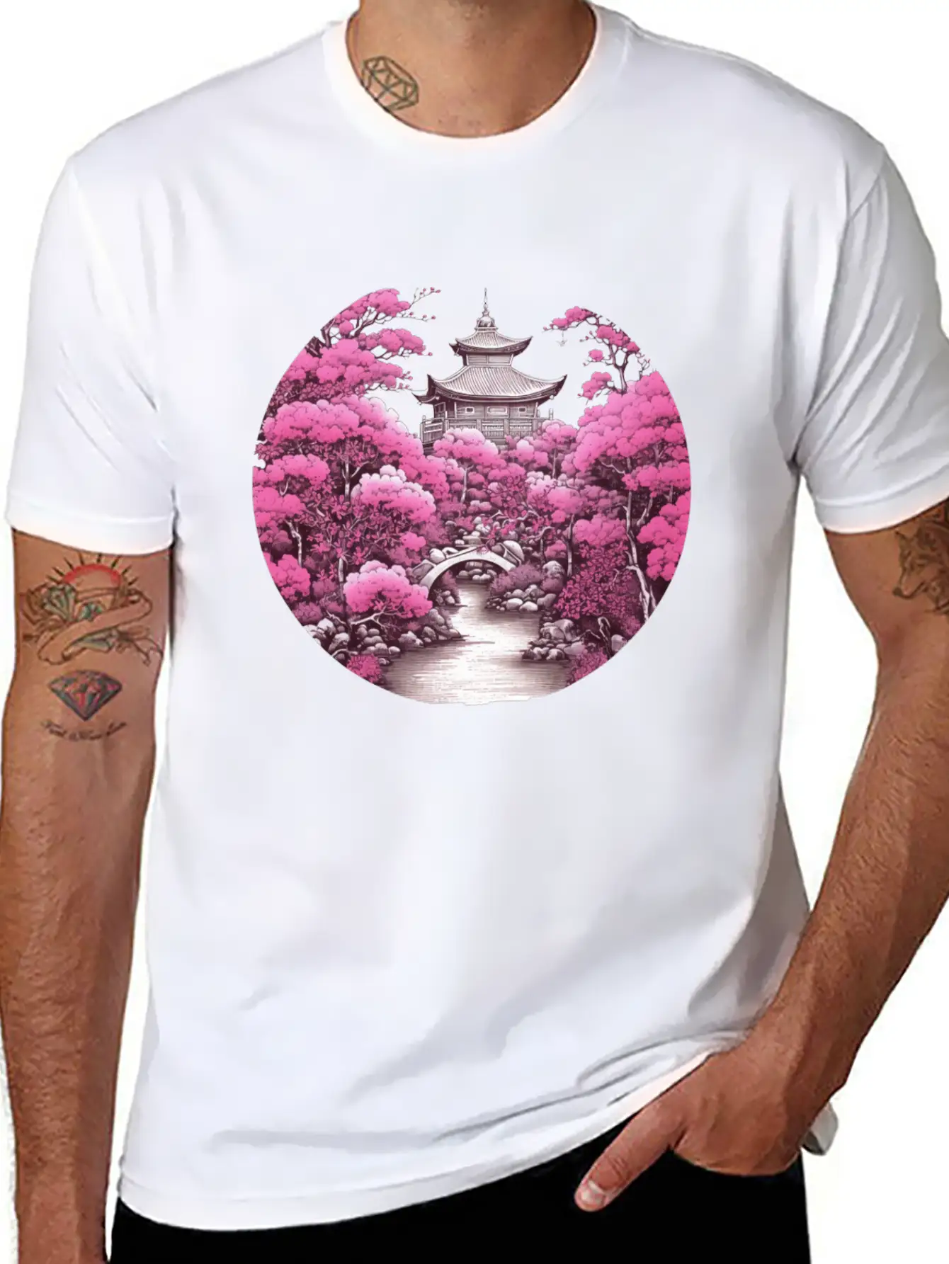 Asian Cultured Building With Blossom Tree Unisex Casual T-Shirt – Clean Design For Daily Comfort
