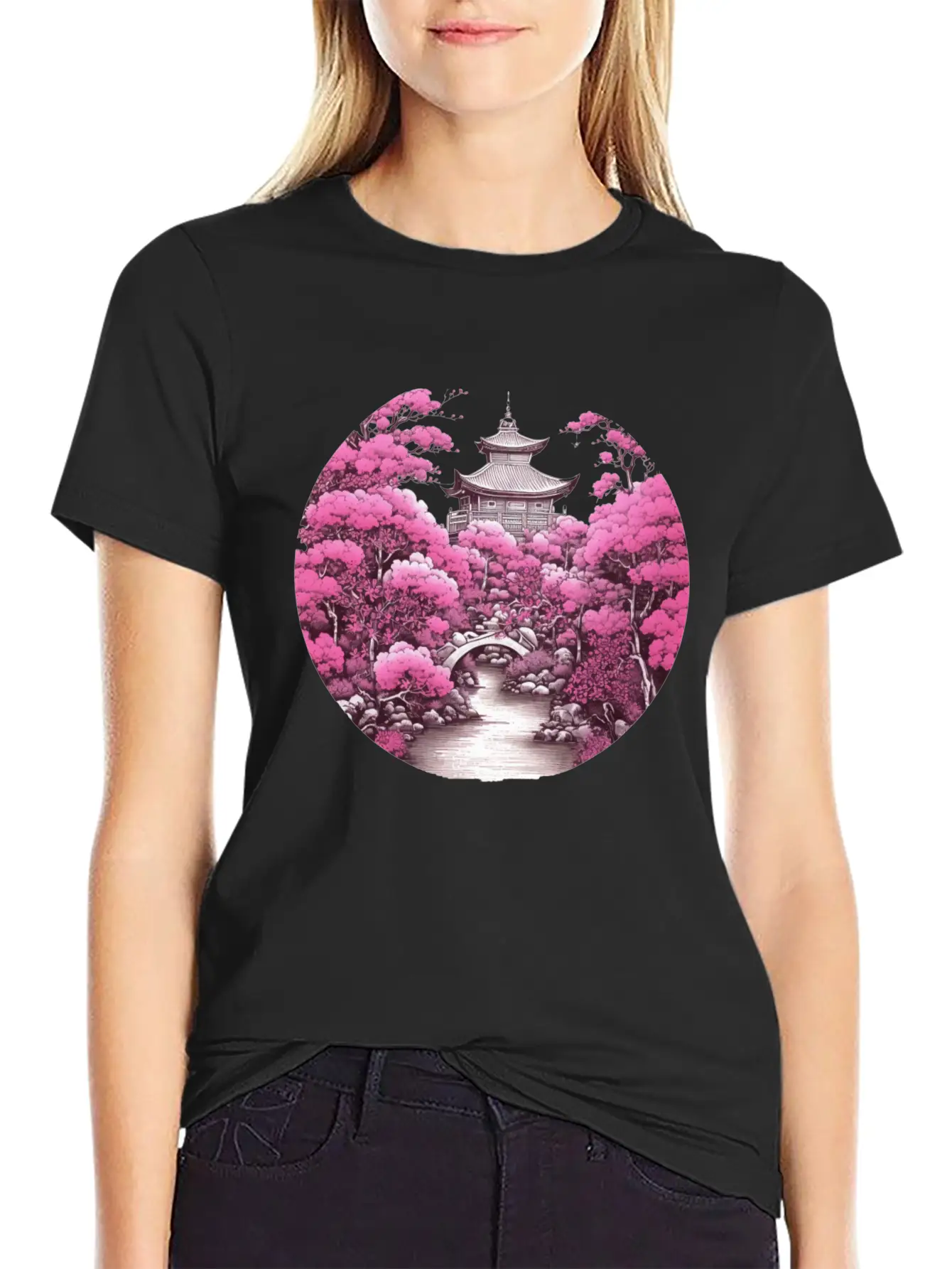 Asian Cultured Building With Blossom Tree Unisex Casual T-Shirt – Clean Design For Daily Comfort