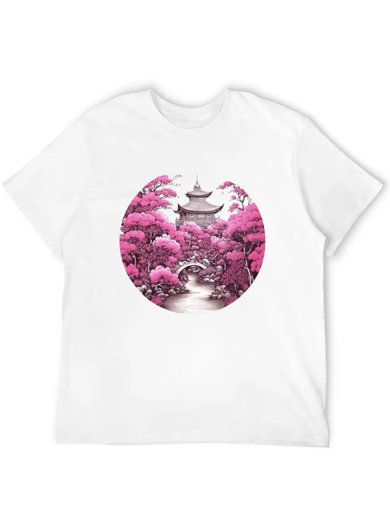 Asian Cultured Building With Blossom Tree Unisex Casual T-Shirt – Clean Design For Daily Comfort