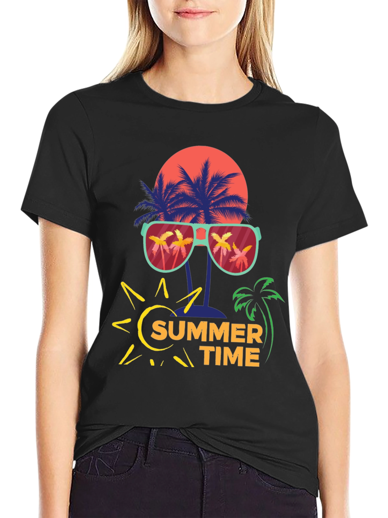 Summer Time T-Shirt with Palm Tree and Sun Design