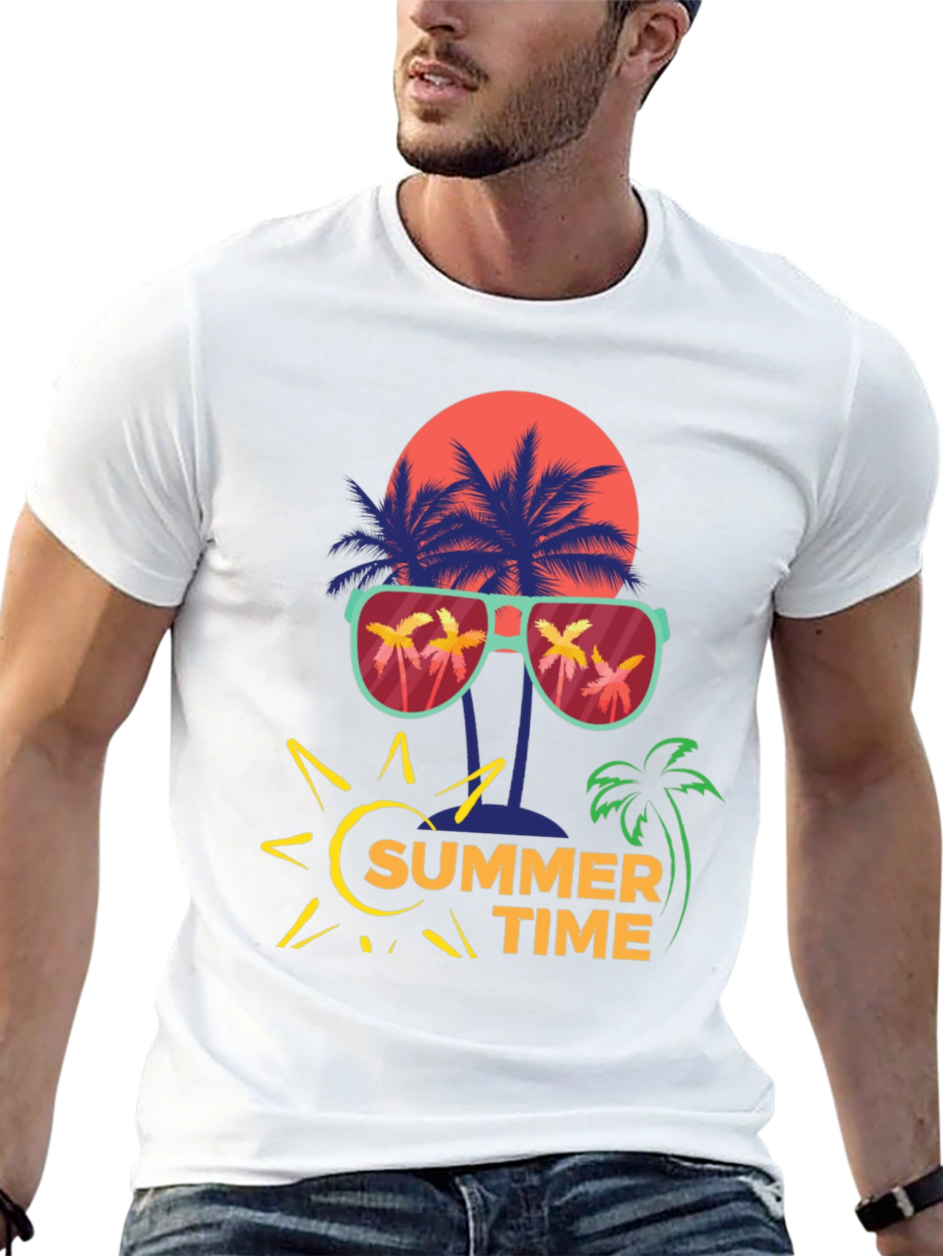Summer Time T-Shirt with Palm Tree and Sun Design