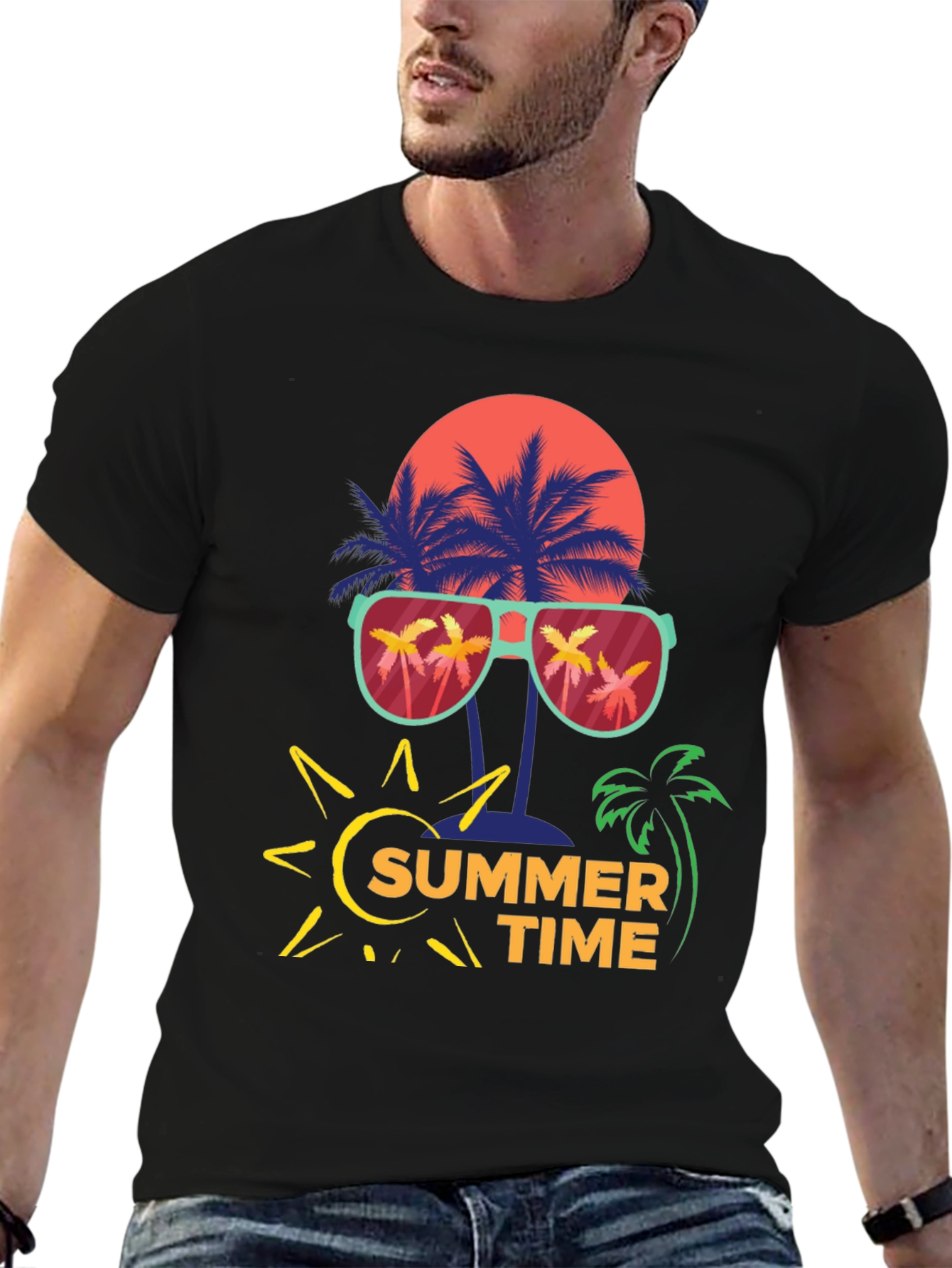 Summer Time T-Shirt with Palm Tree and Sun Design