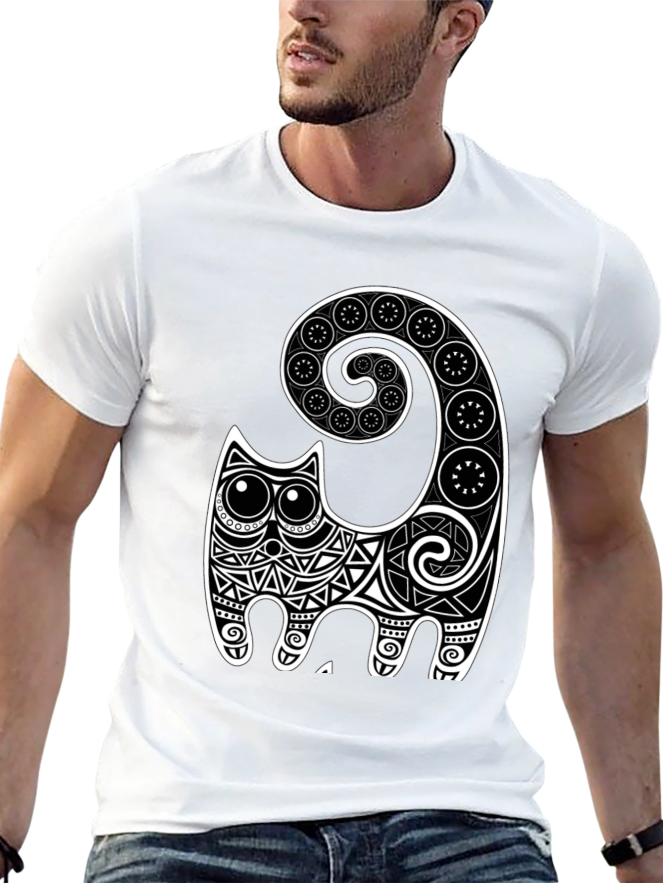 Abstract Cat Graphic Tee - Black Cotton Comfort