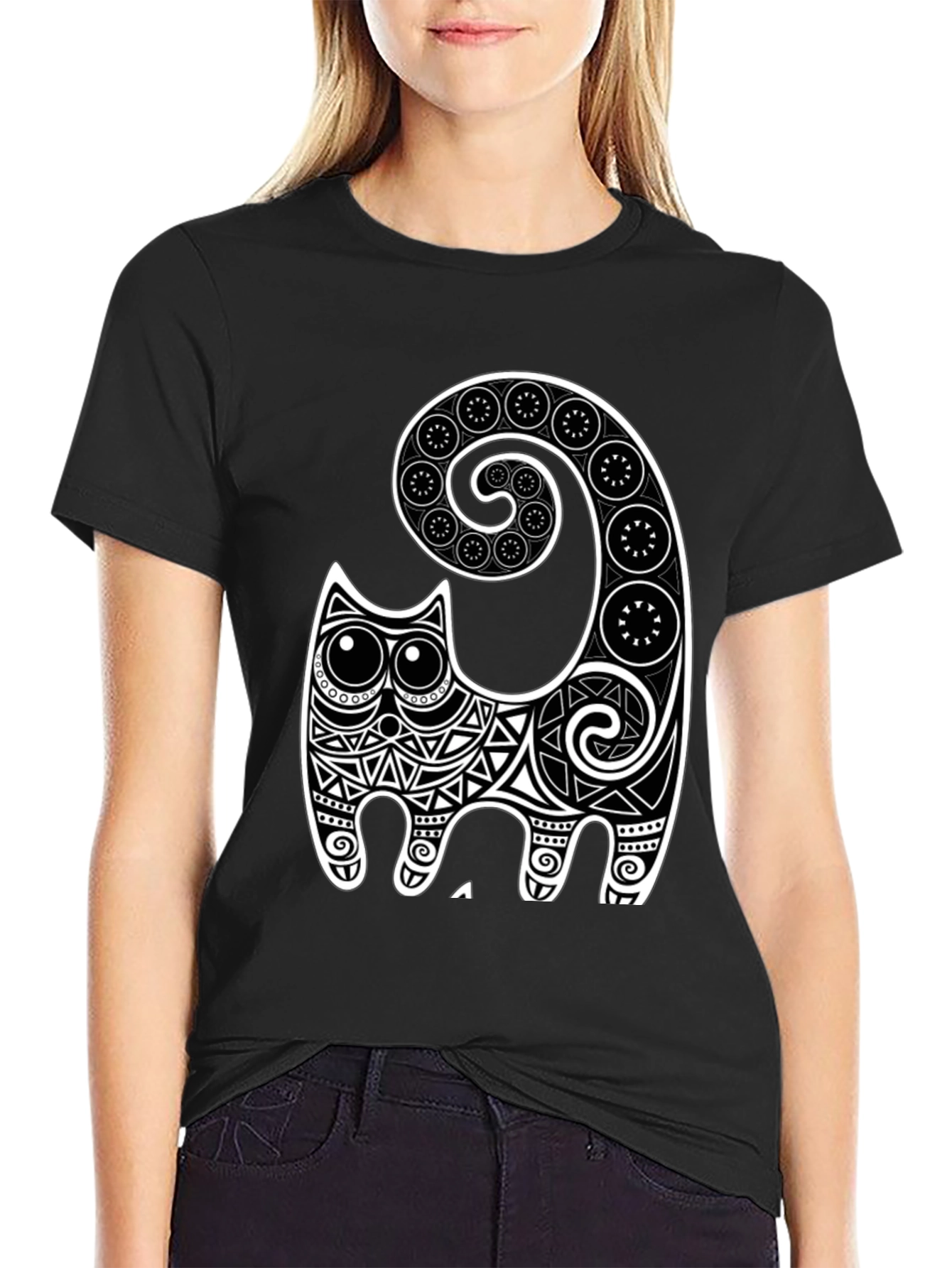 Abstract Cat Graphic Tee - Black Cotton Comfort