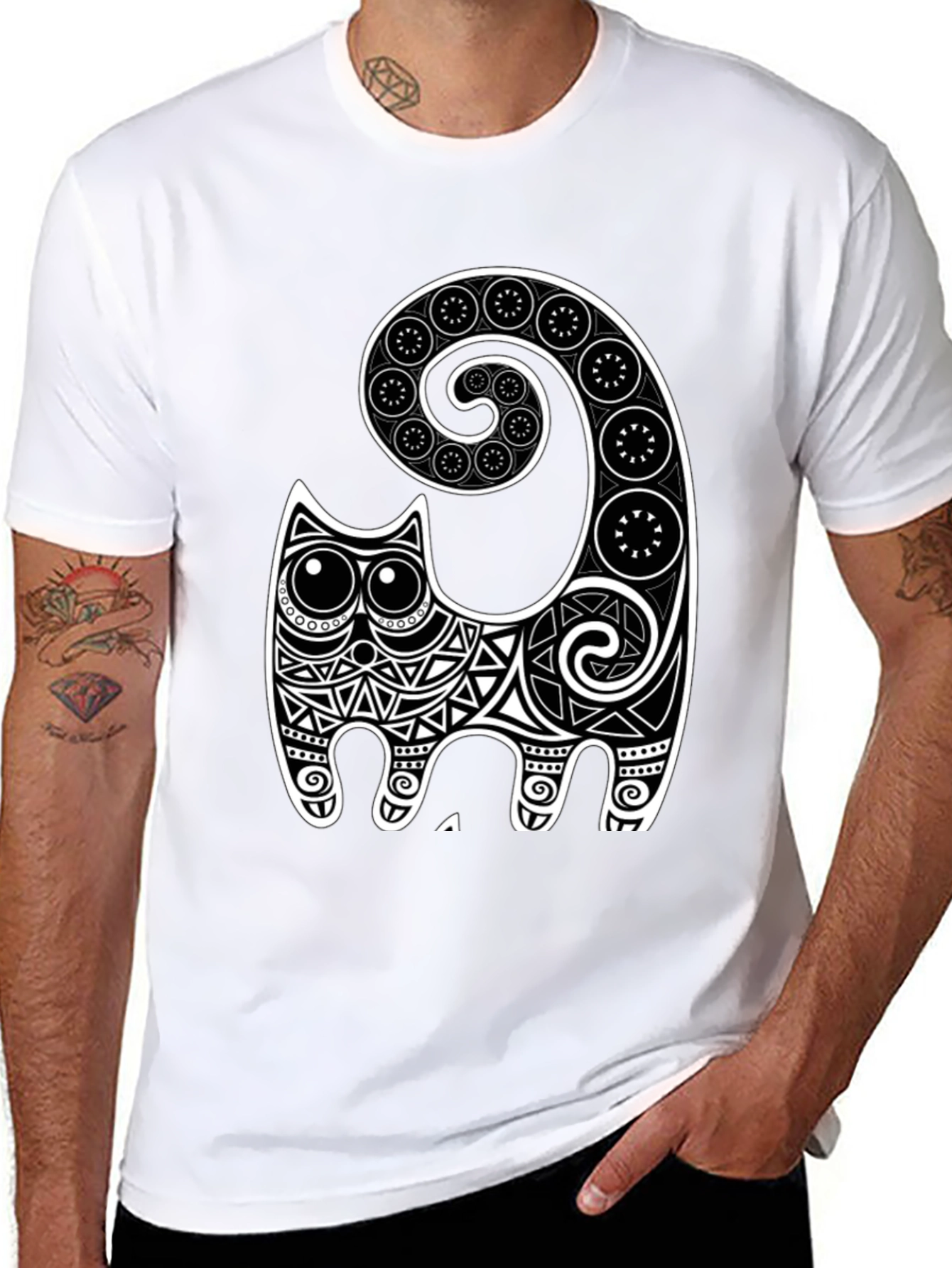 Abstract Cat Graphic Tee - Black Cotton Comfort