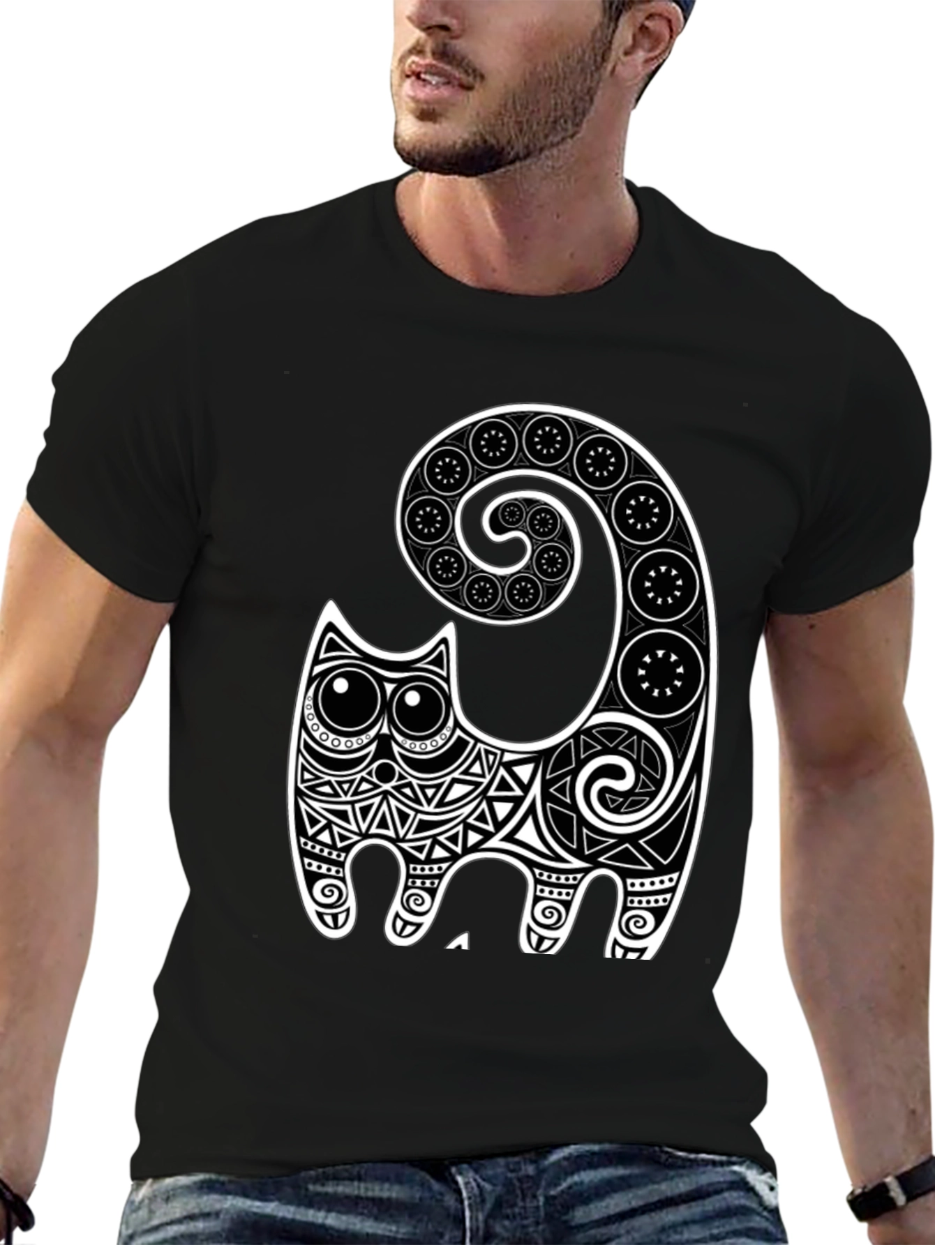 Abstract Cat Graphic Tee - Black Cotton Comfort