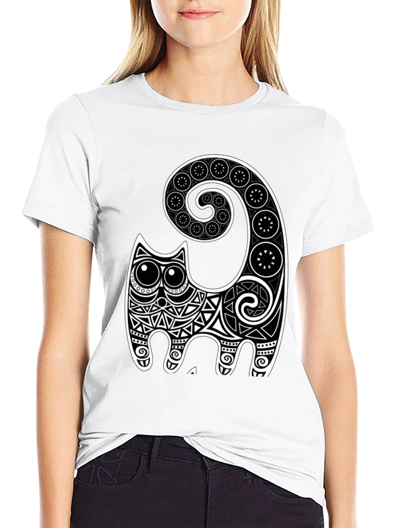 Abstract Cat Graphic Tee - Black Cotton Comfort