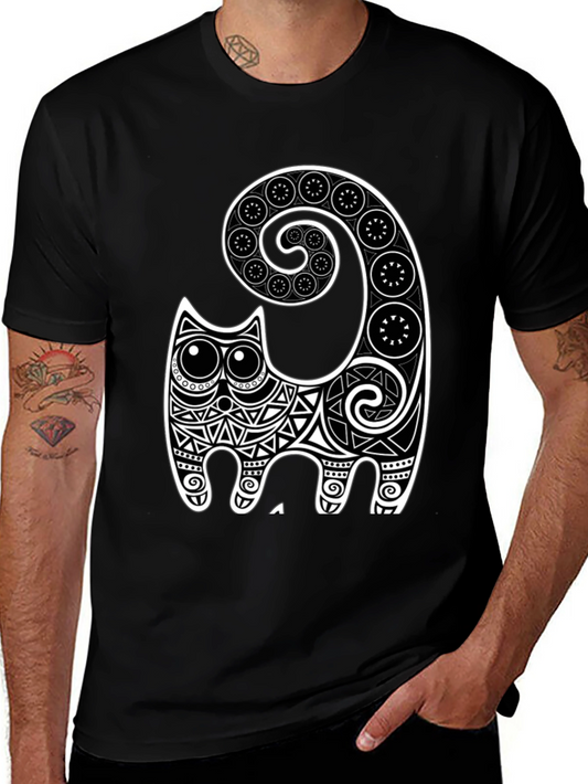 Abstract Cat Graphic Tee - Black Cotton Comfort