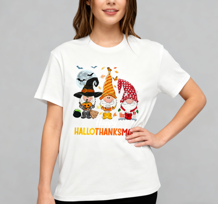 Happy HalloThanksMas Gnomes Graphic T-Shirt | 100% Cotton, Versatile for Multiple Occasions