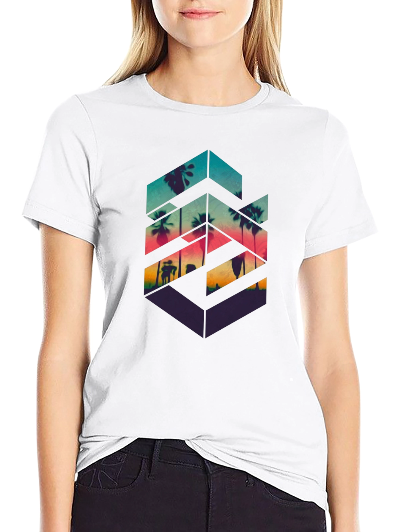 Geometric Palm Tree Graphic Tee - Tropical Vibes