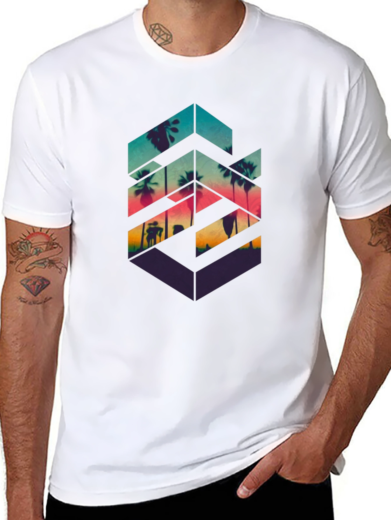Geometric Palm Tree Graphic Tee - Tropical Vibes