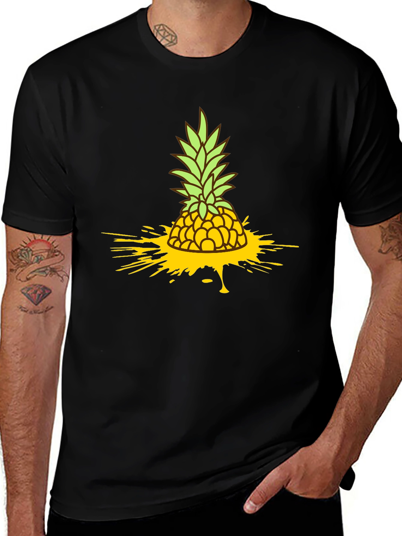 Pineapple Splash Graphic Tee - Black Cotton T-Shirt