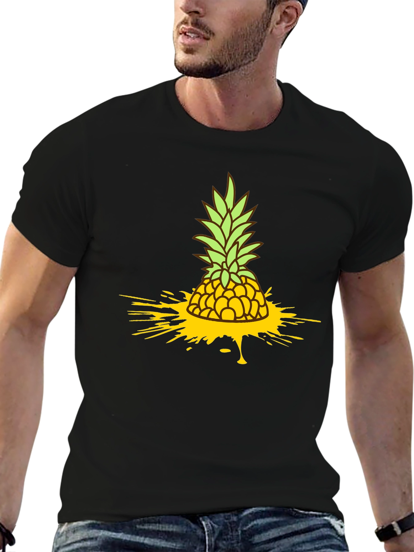 Pineapple Splash Graphic Tee - Black Cotton T-Shirt