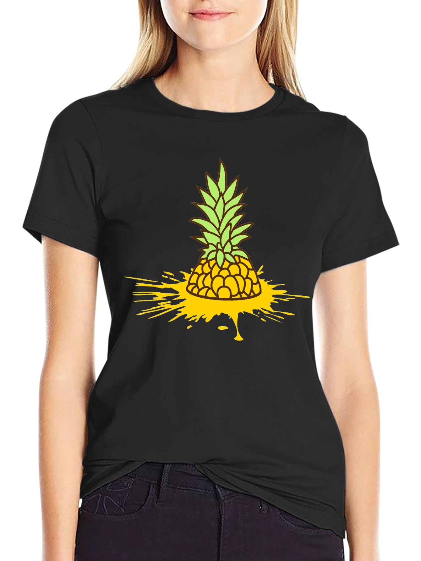 Pineapple Splash Graphic Tee - Black Cotton T-Shirt