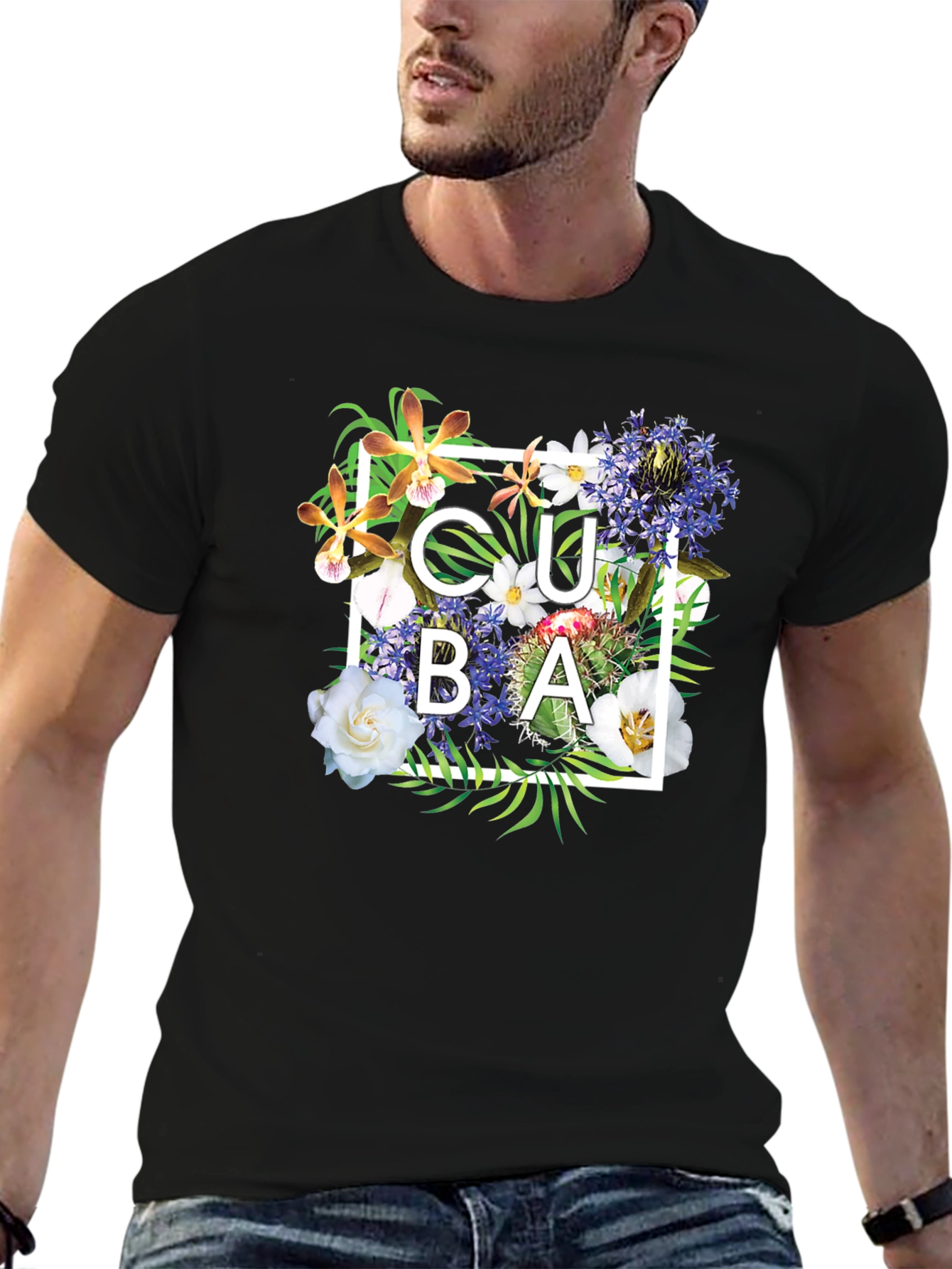 Cuba Floral Graphic Black T-Shirt