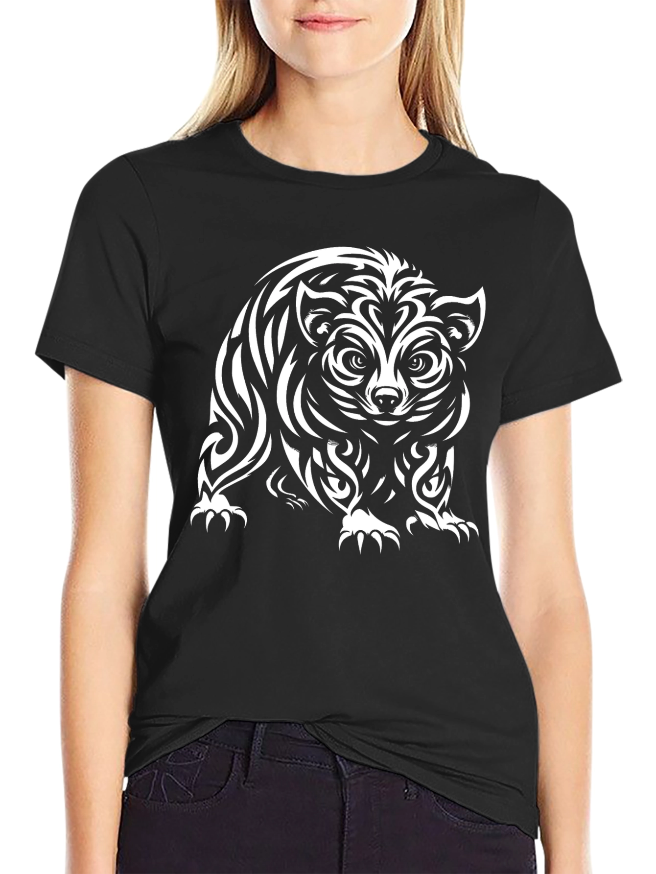 Tribal Raccoon Graphic Black T-Shirt