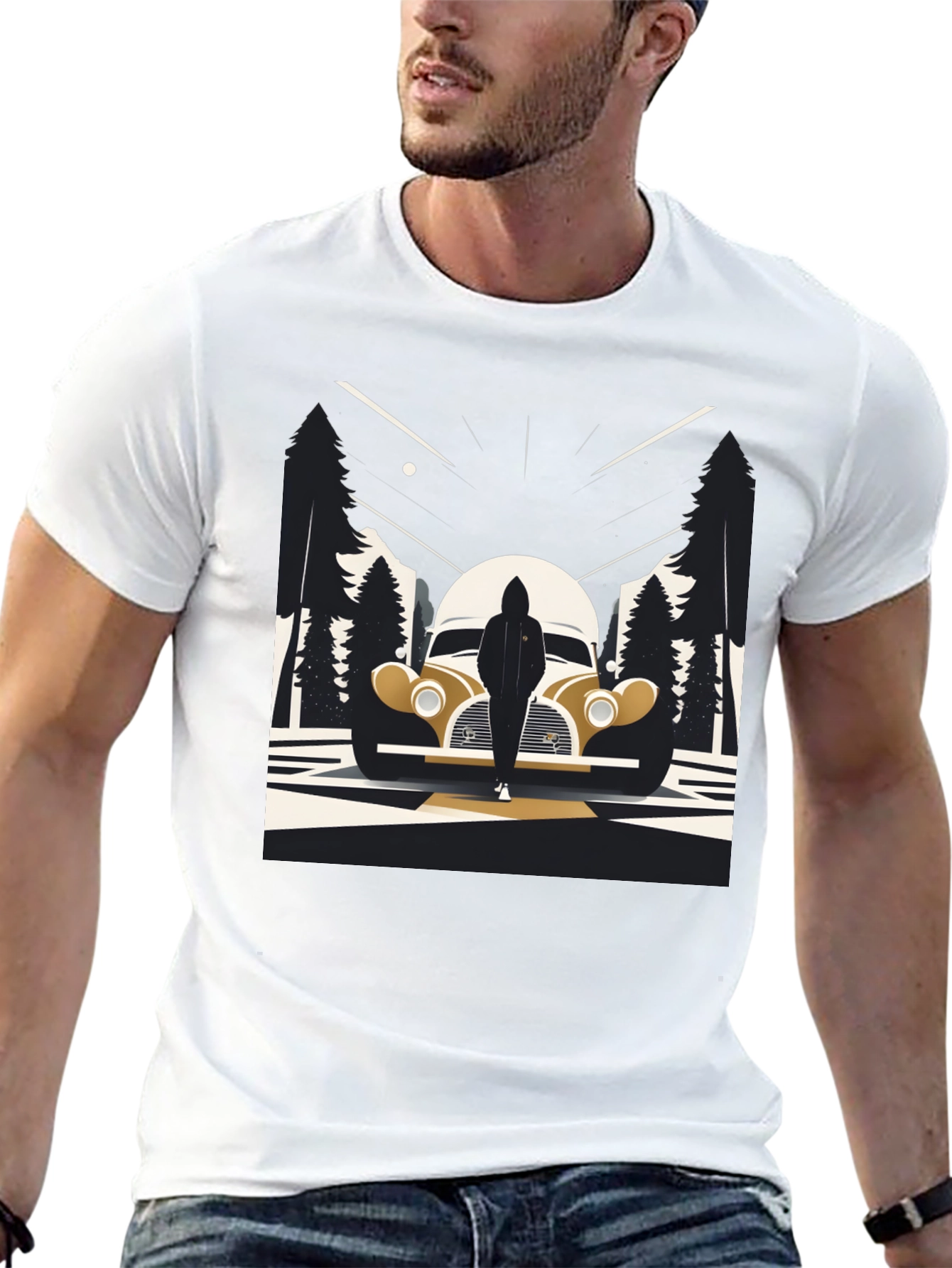 Retro Car & Silhouette Graphic Tee - Classic Style