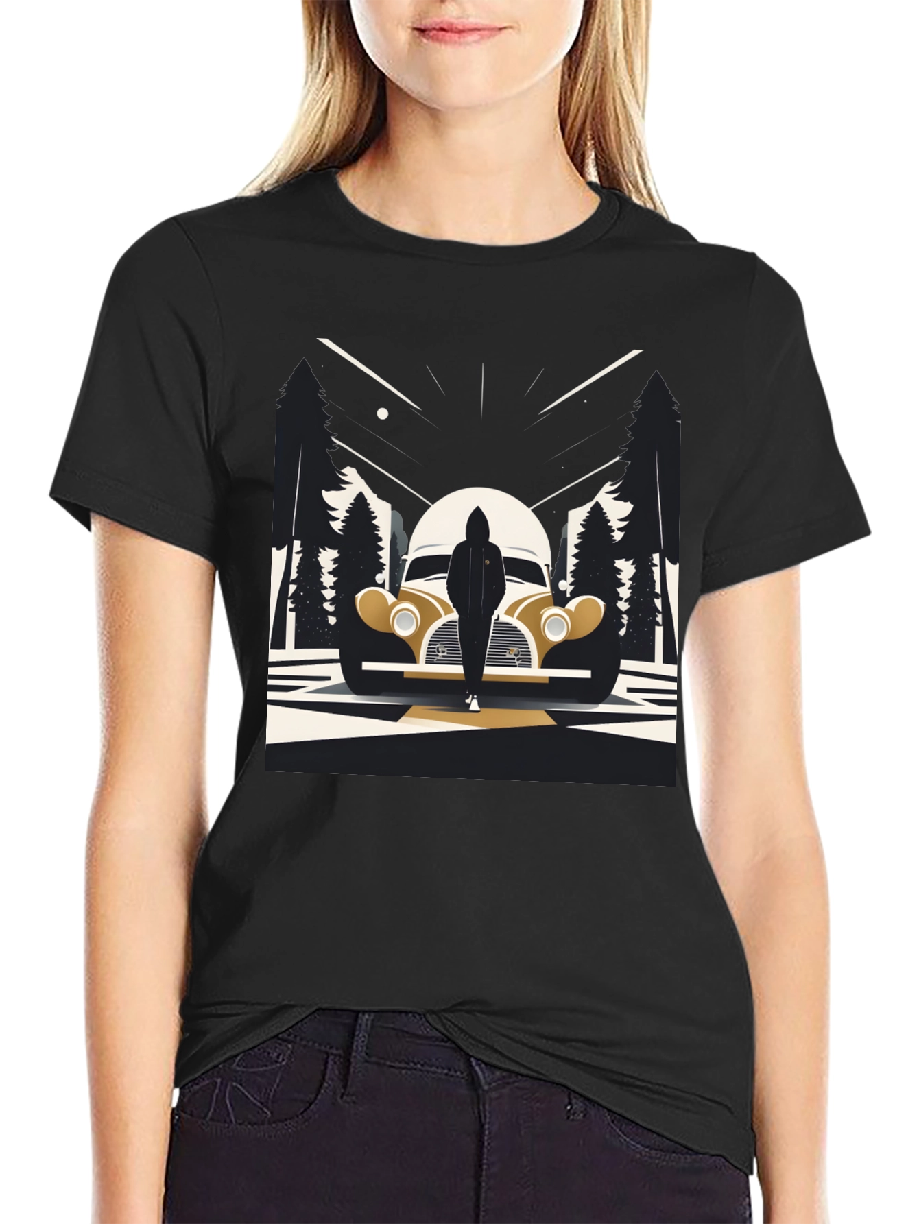 Retro Car & Silhouette Graphic Tee - Classic Style
