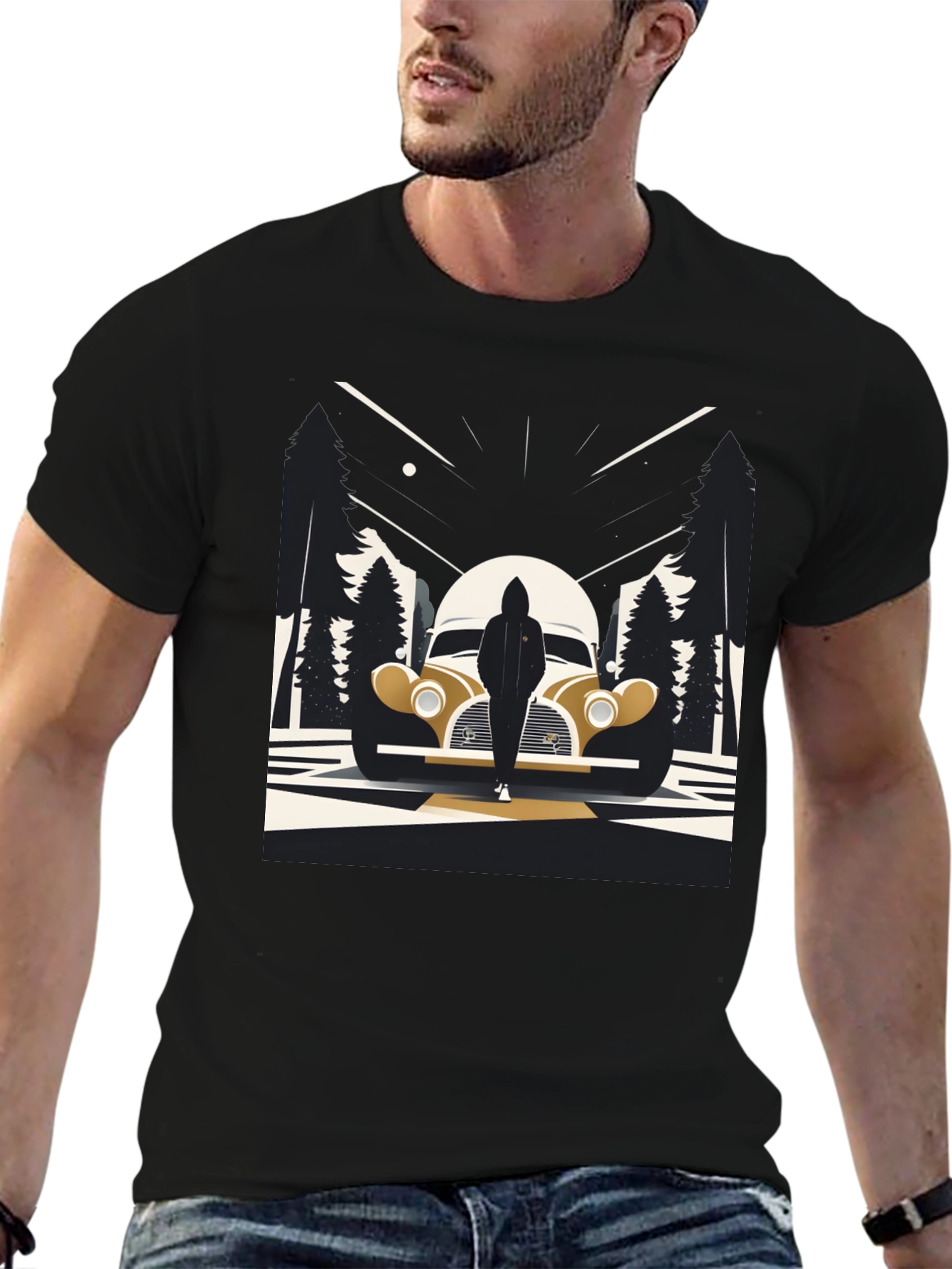 Retro Car & Silhouette Graphic Tee - Classic Style