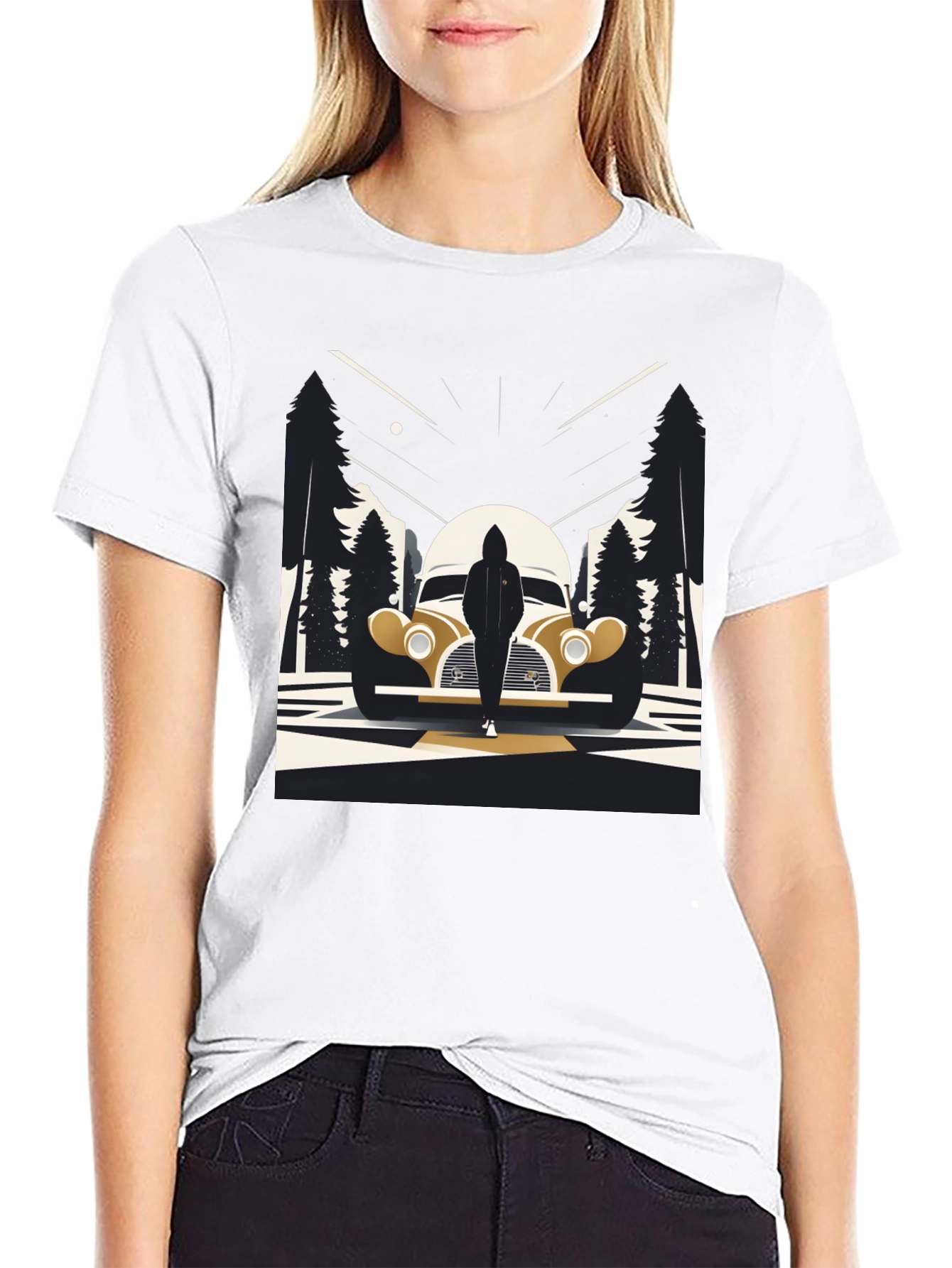 Retro Car & Silhouette Graphic Tee - Classic Style