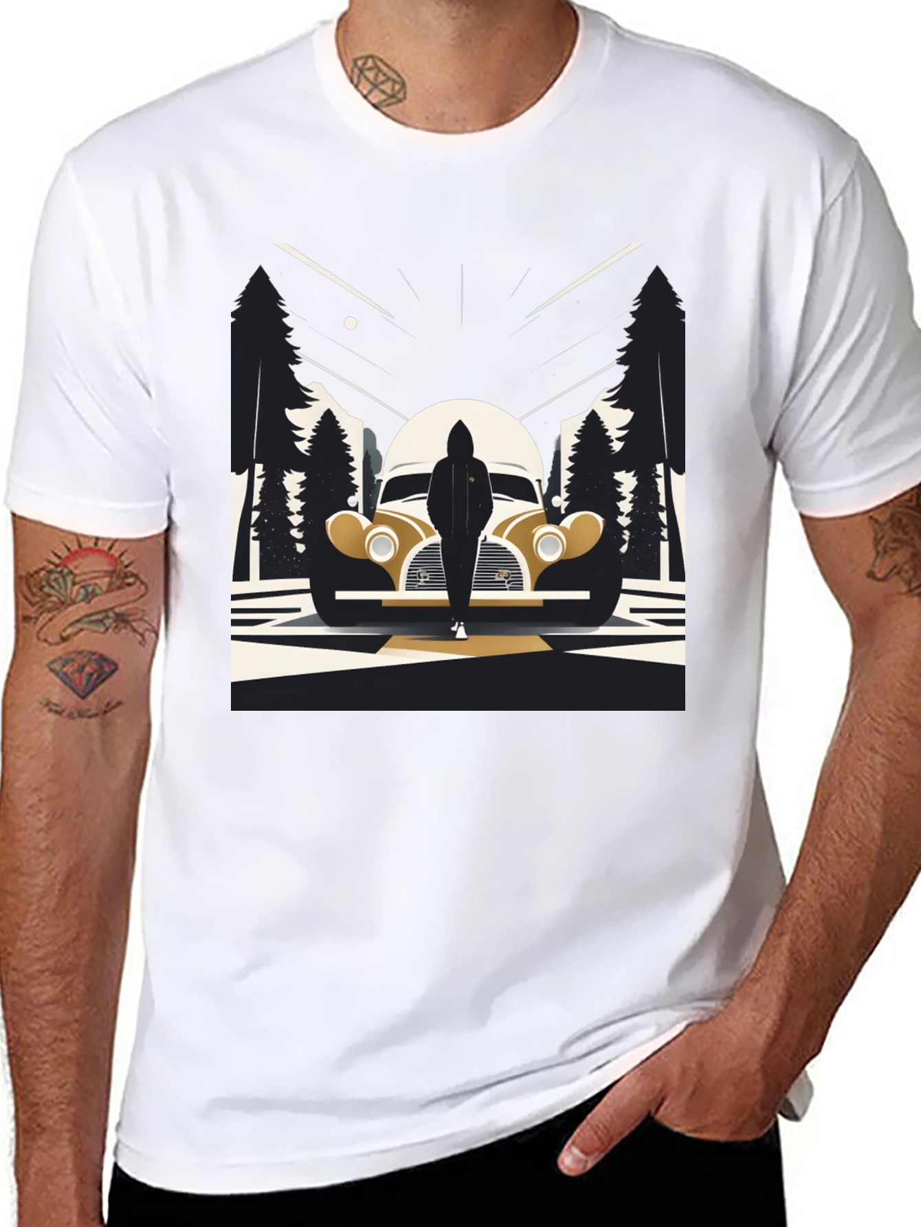 Retro Car & Silhouette Graphic Tee - Classic Style