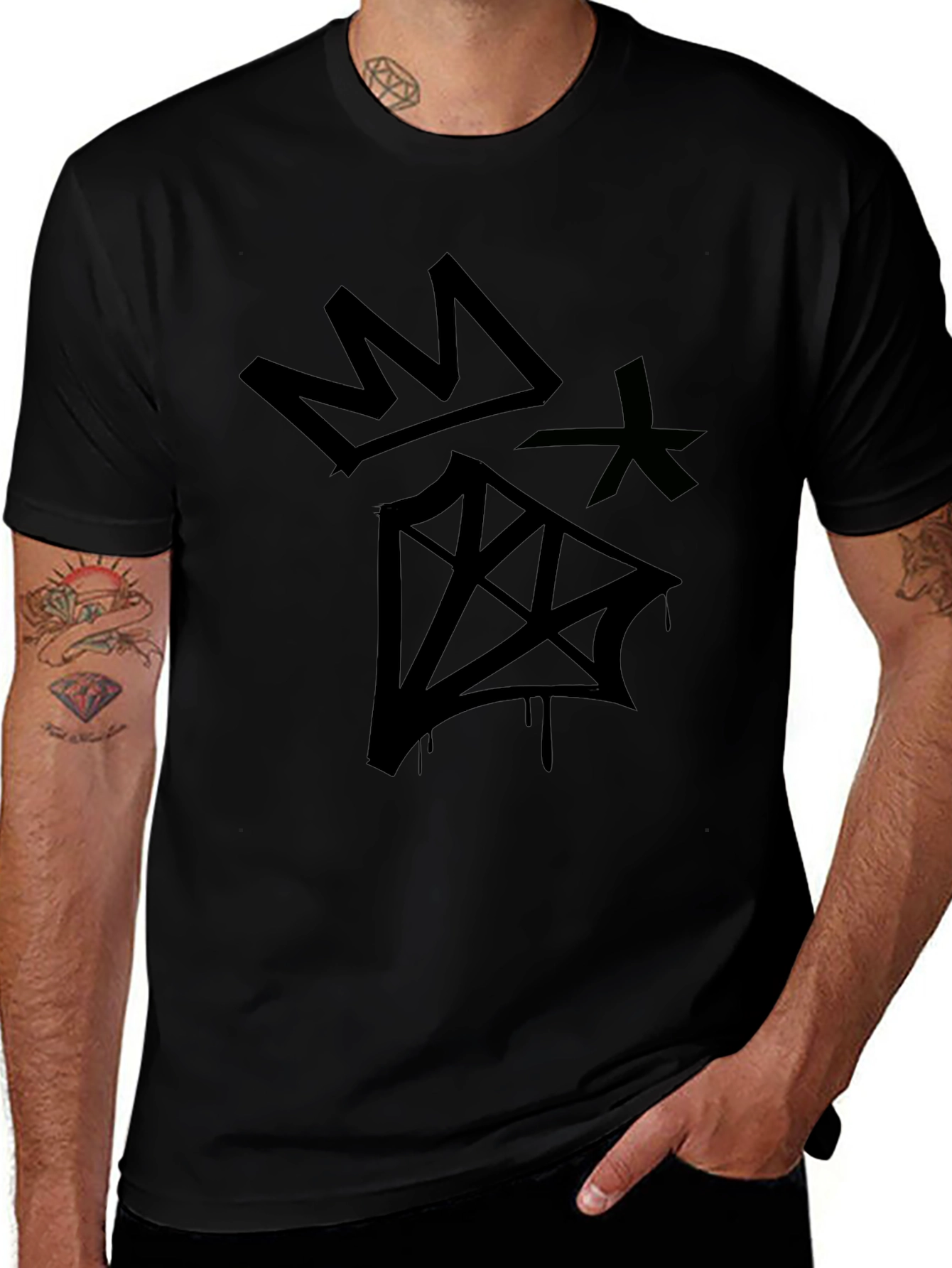 Graphic Print Black T-Shirt - Crown & Diamond Design