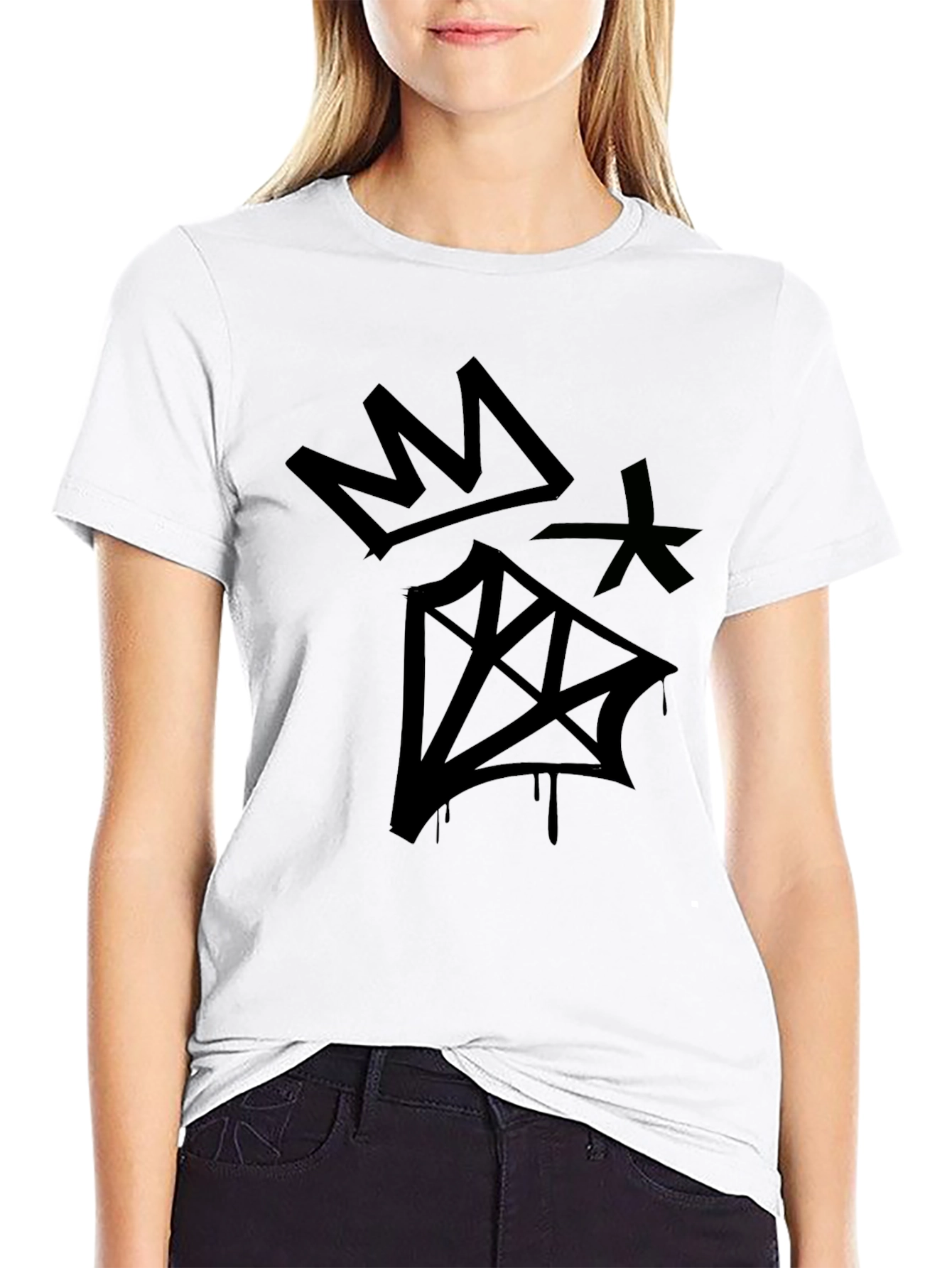 Graphic Print Black T-Shirt - Crown & Diamond Design