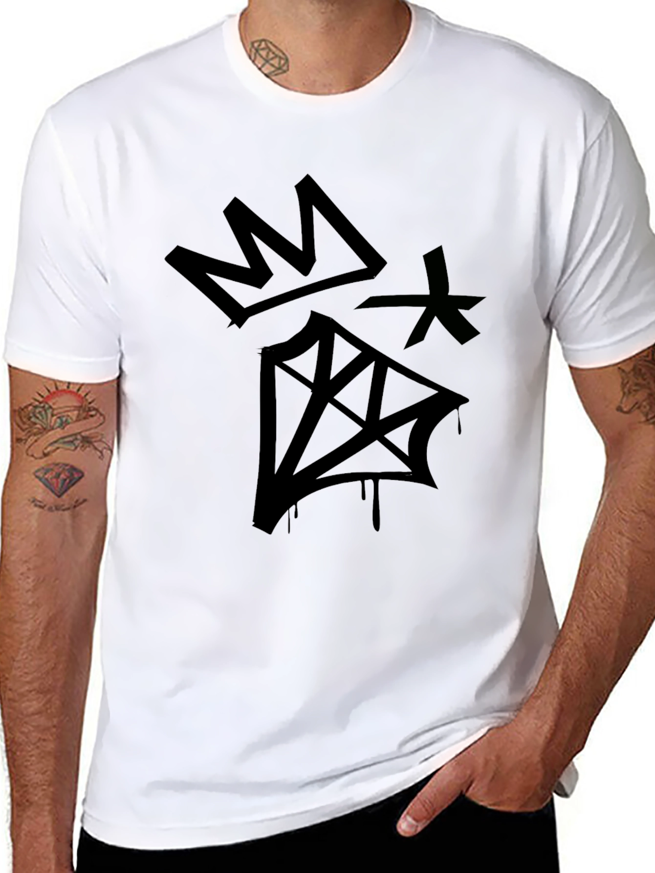 Graphic Print Black T-Shirt - Crown & Diamond Design
