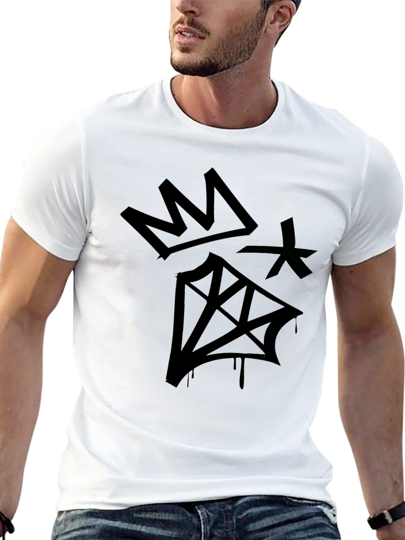 Graphic Print Black T-Shirt - Crown & Diamond Design