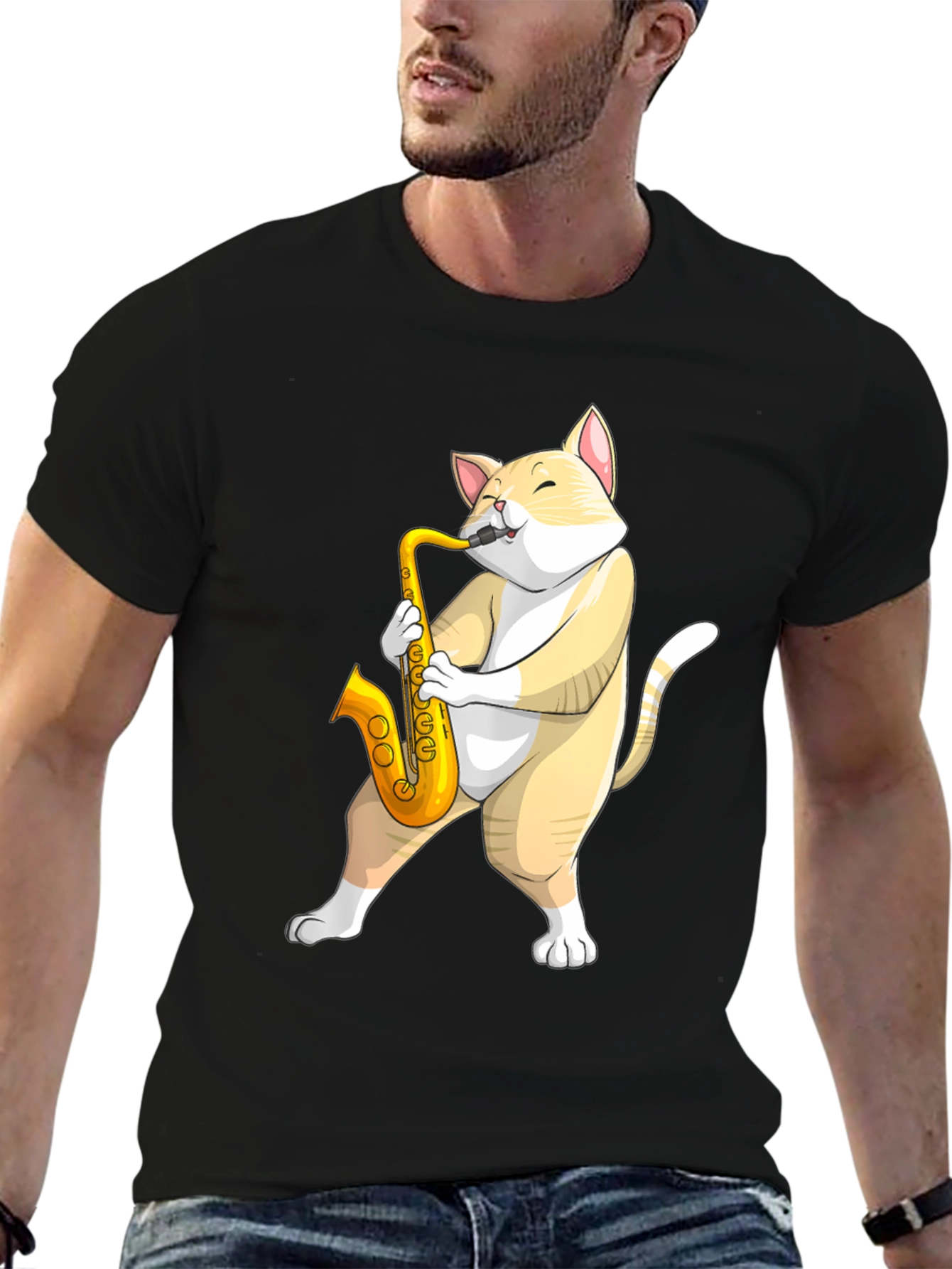 Cat Saxophone T-Shirt - Musical Animal Tee