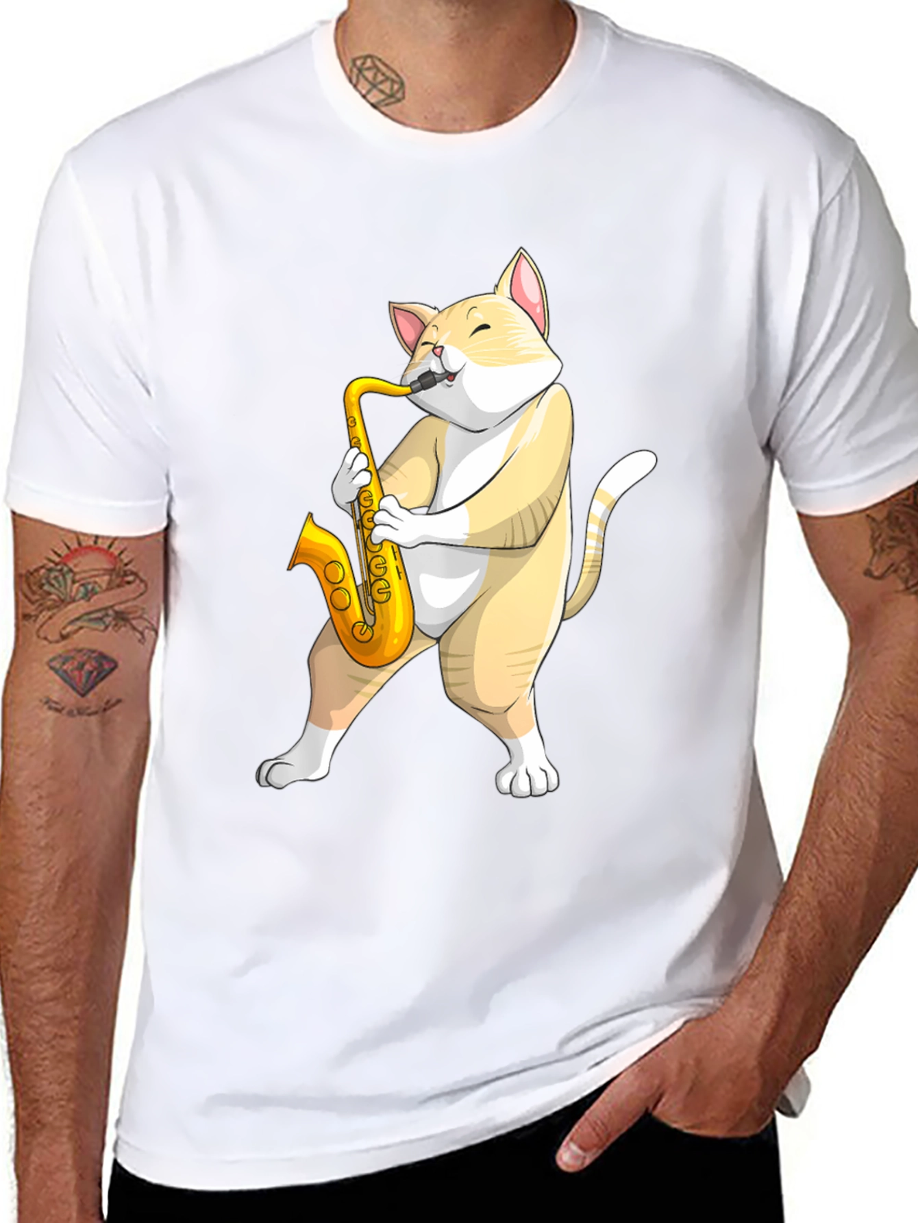 Cat Saxophone T-Shirt - Musical Animal Tee