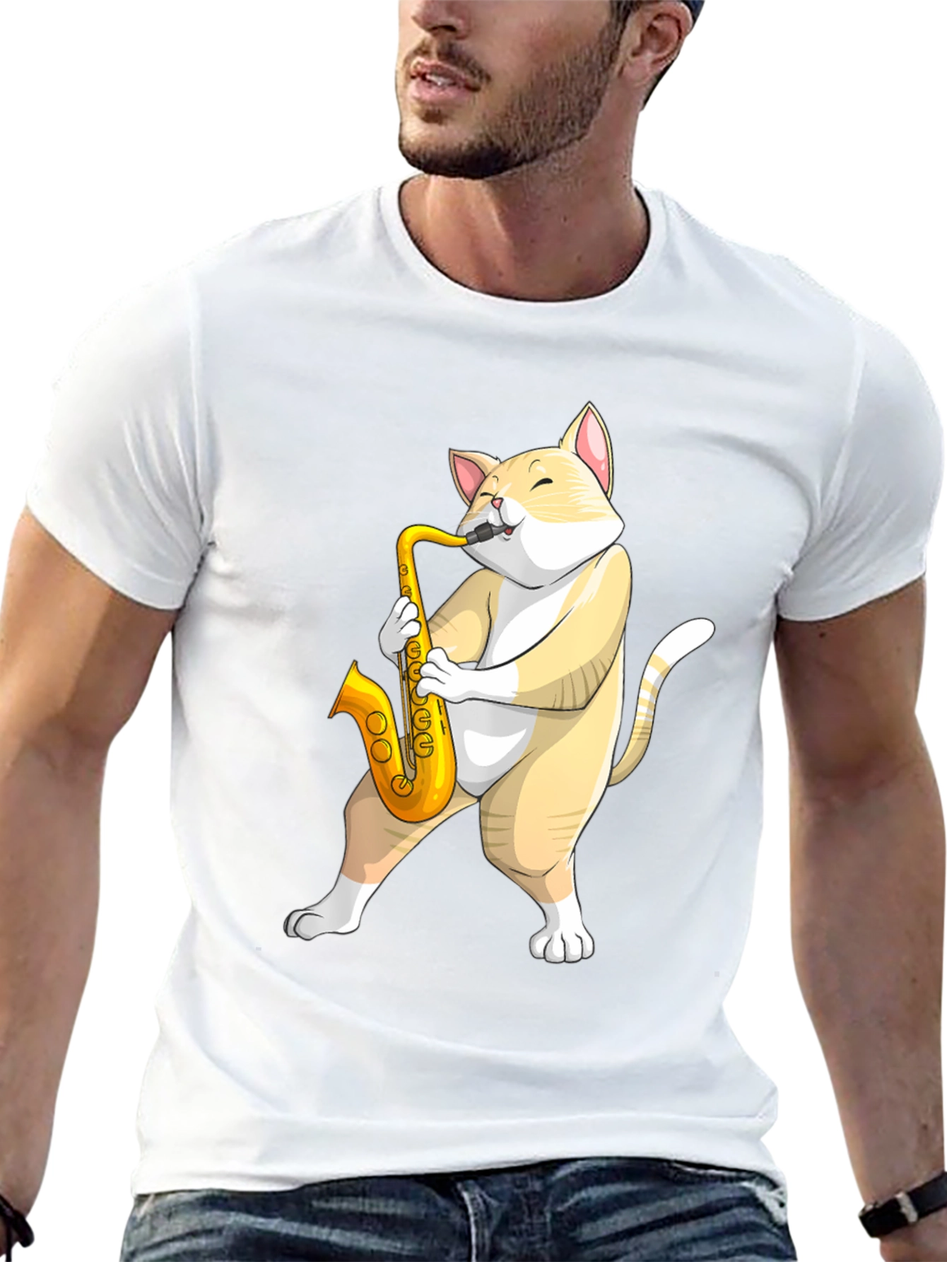 Cat Saxophone T-Shirt - Musical Animal Tee