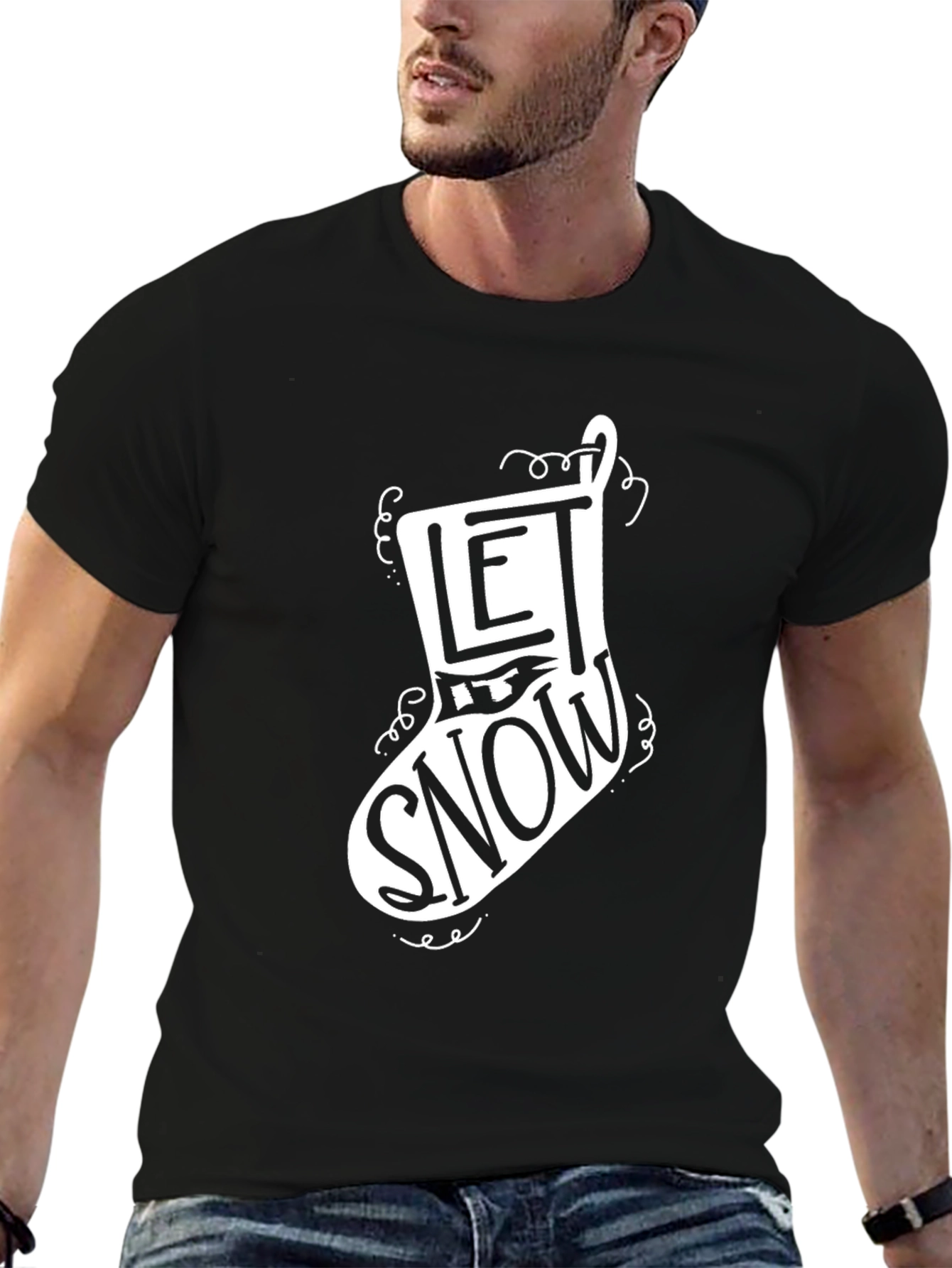 Let it Snow Christmas Stocking Graphic Tee - Black