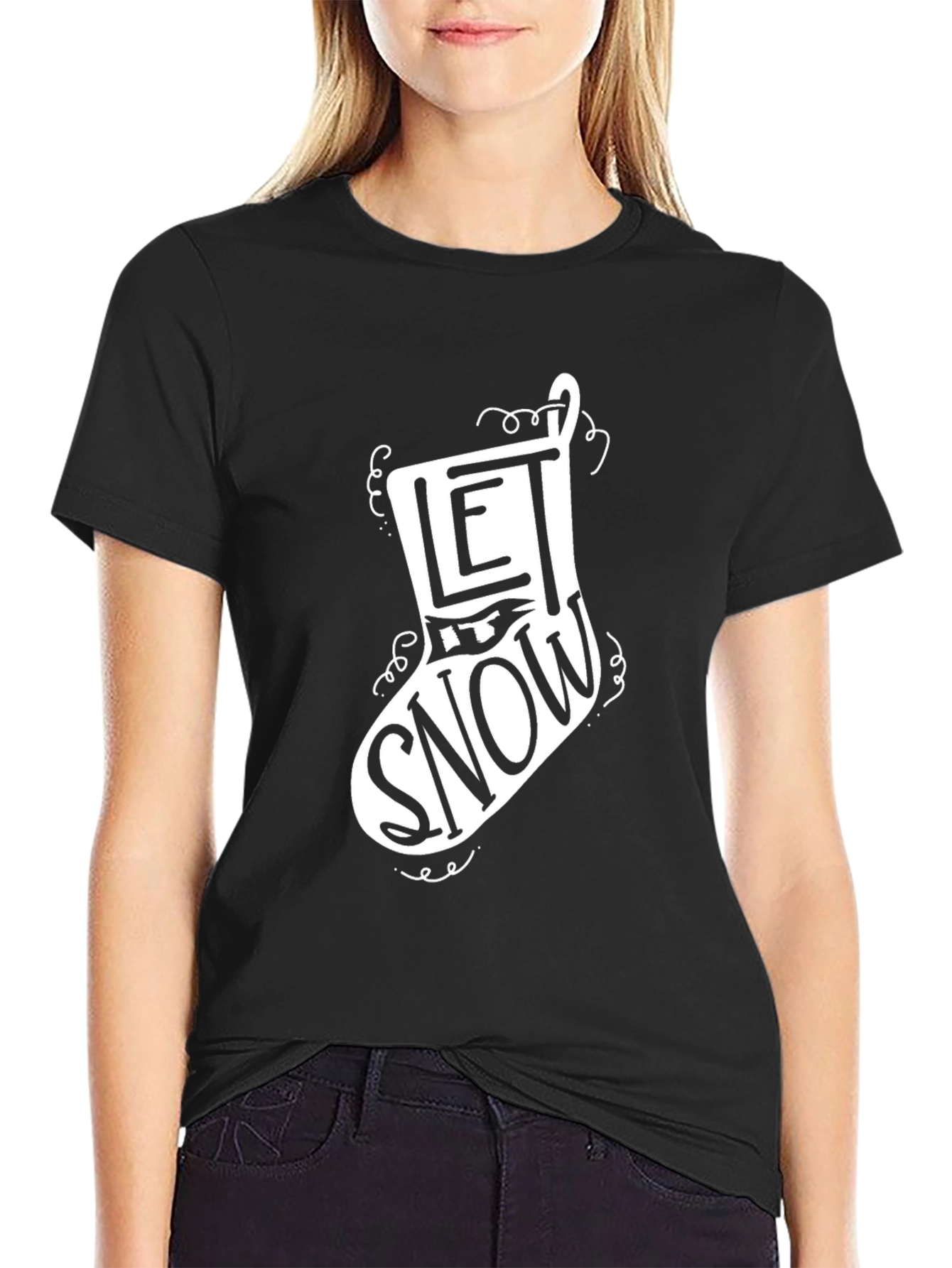 Let it Snow Christmas Stocking Graphic Tee - Black
