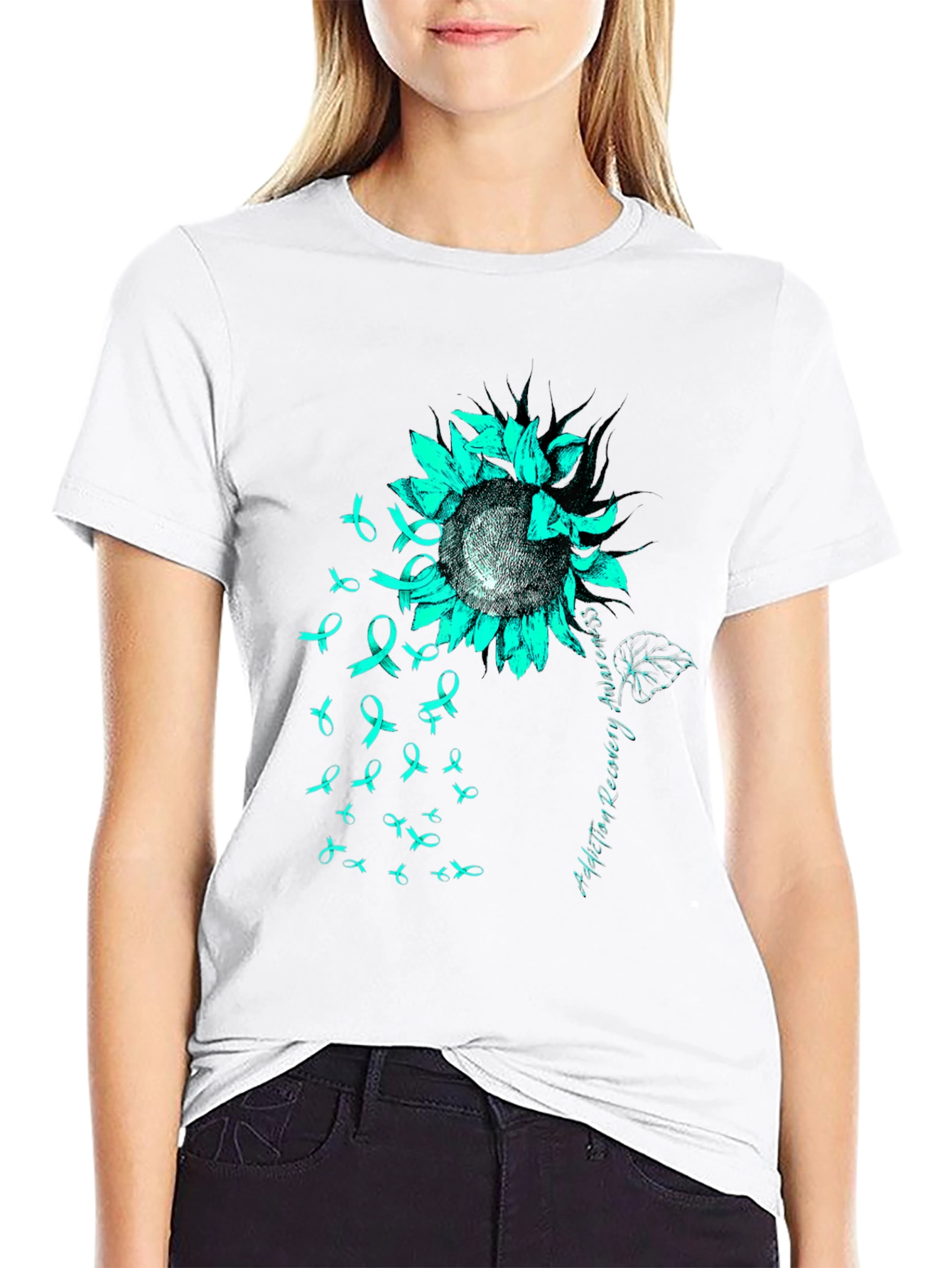 Teal Ribbon Sunflower Tee: Addiction Recovery Awareness