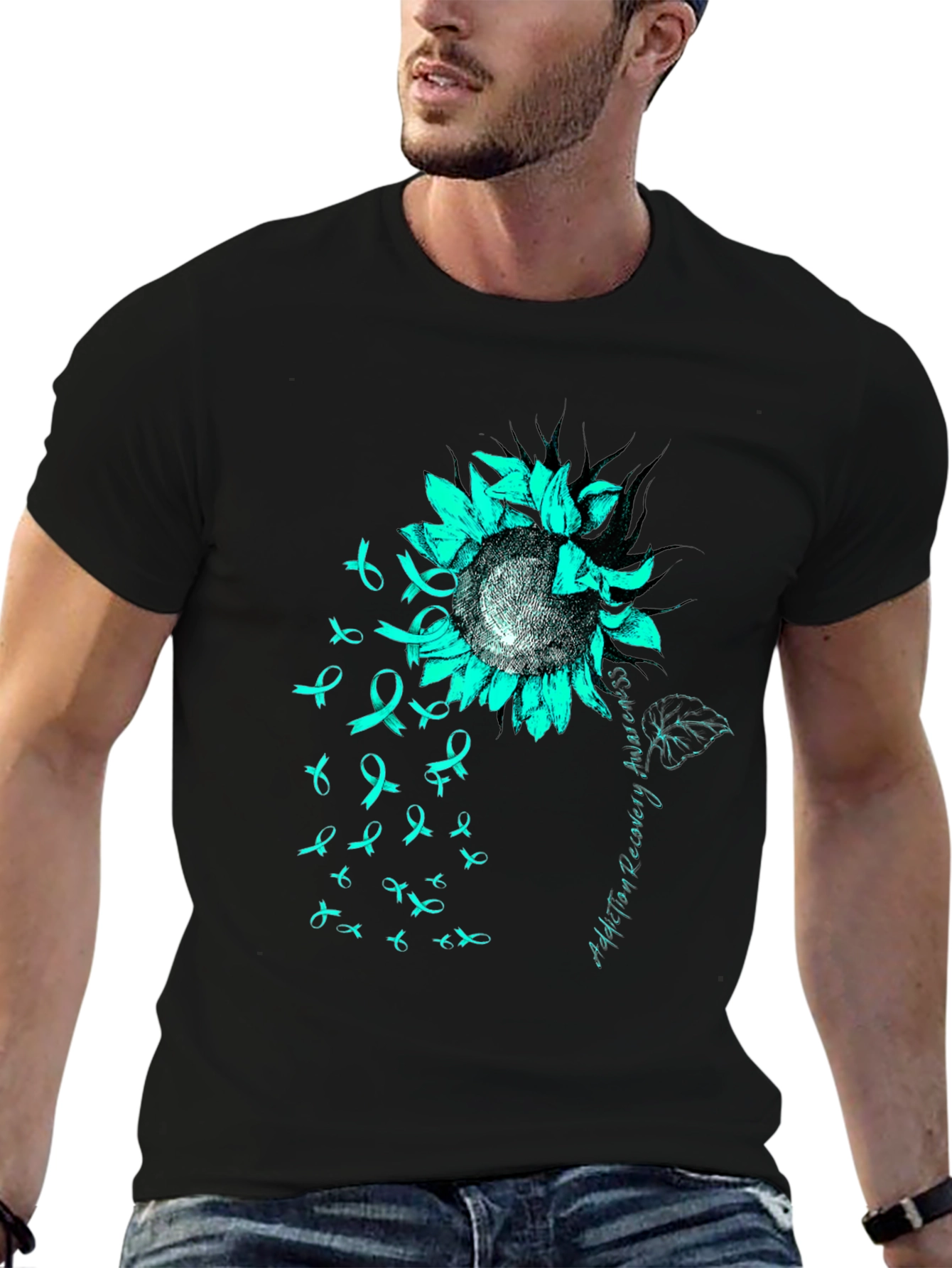 Teal Ribbon Sunflower Tee: Addiction Recovery Awareness