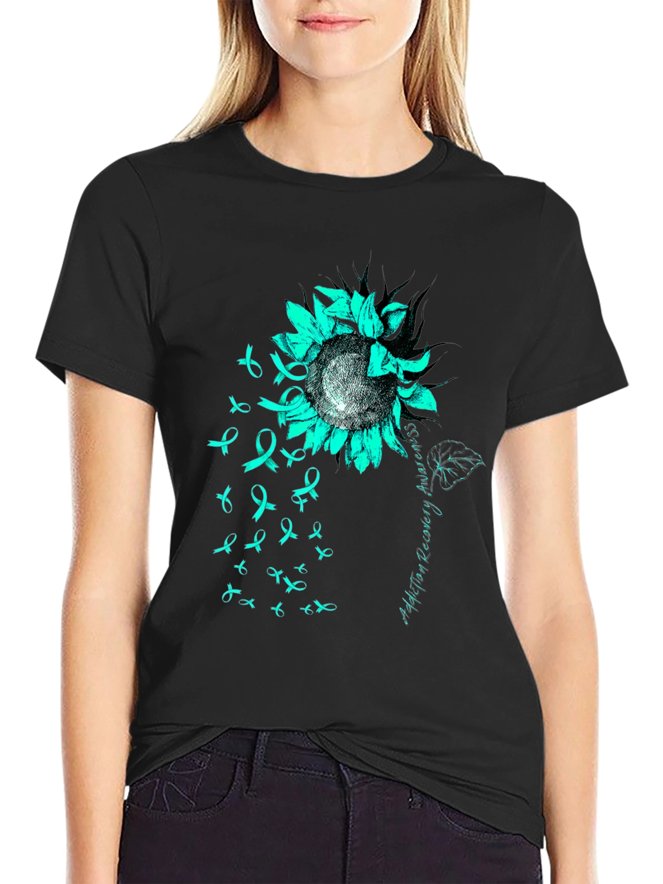 Teal Ribbon Sunflower Tee: Addiction Recovery Awareness