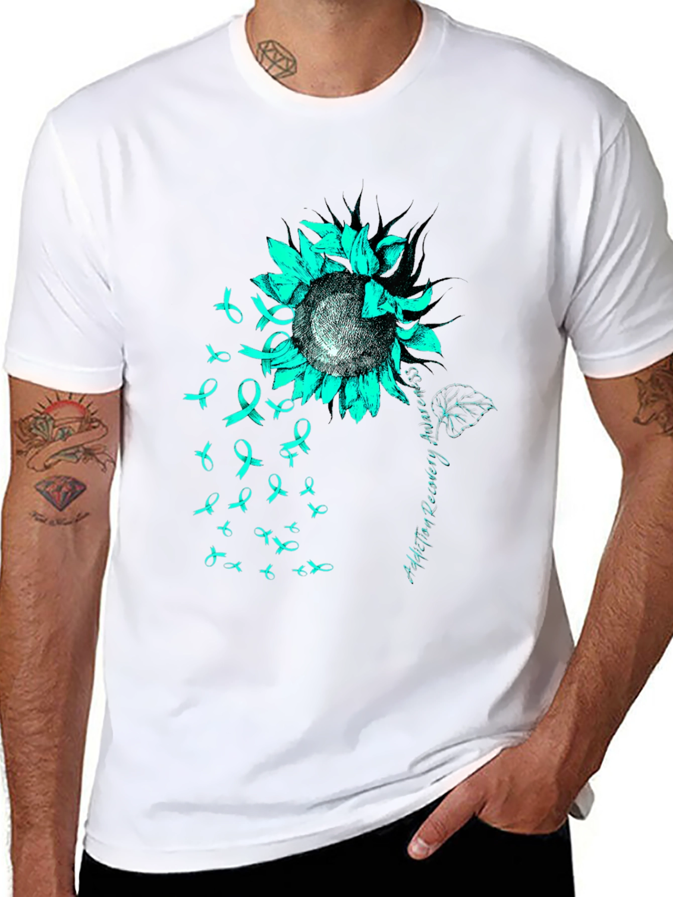 Teal Ribbon Sunflower Tee: Addiction Recovery Awareness