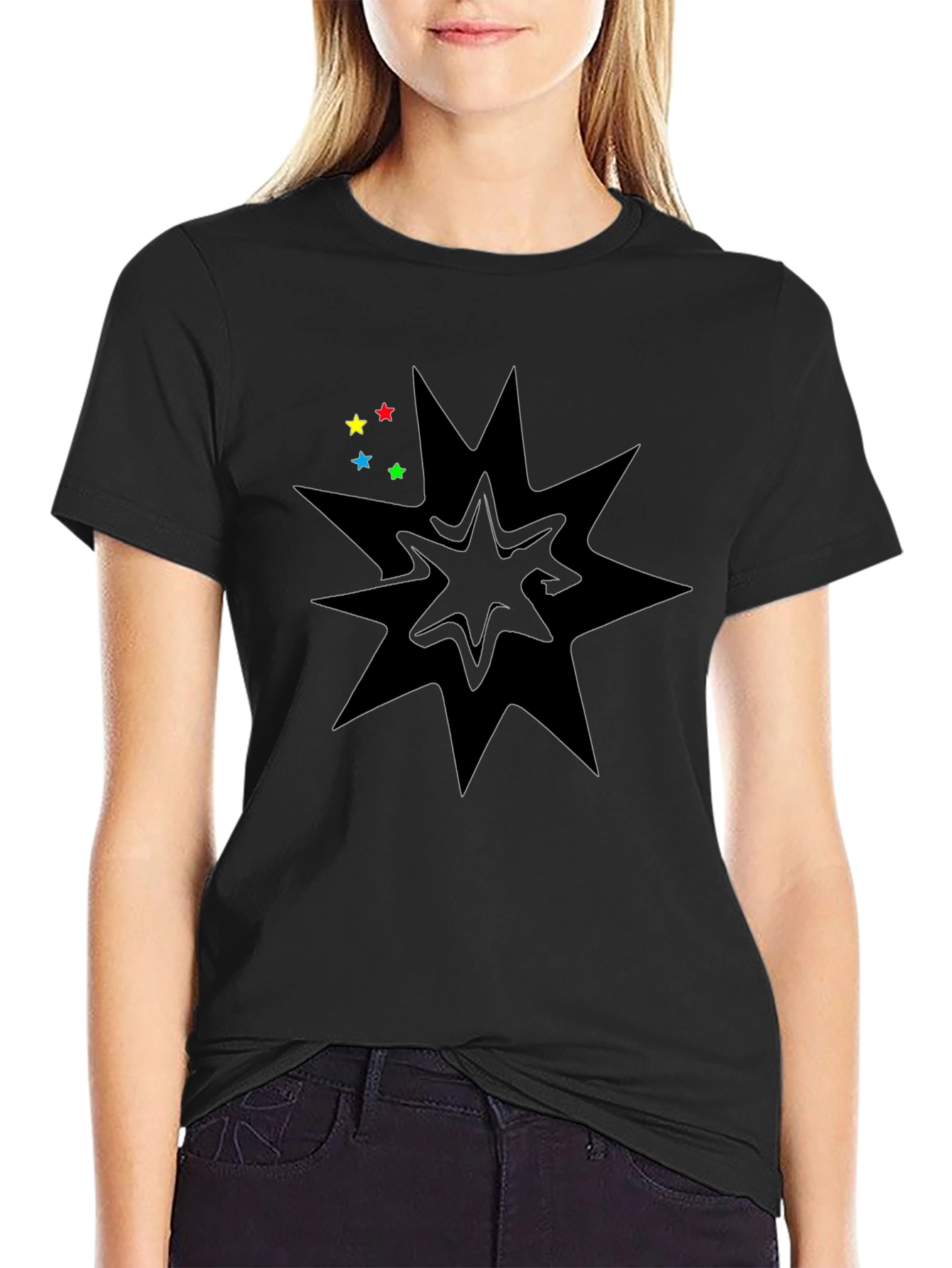 Black Graphic Tee with Star Burst Design