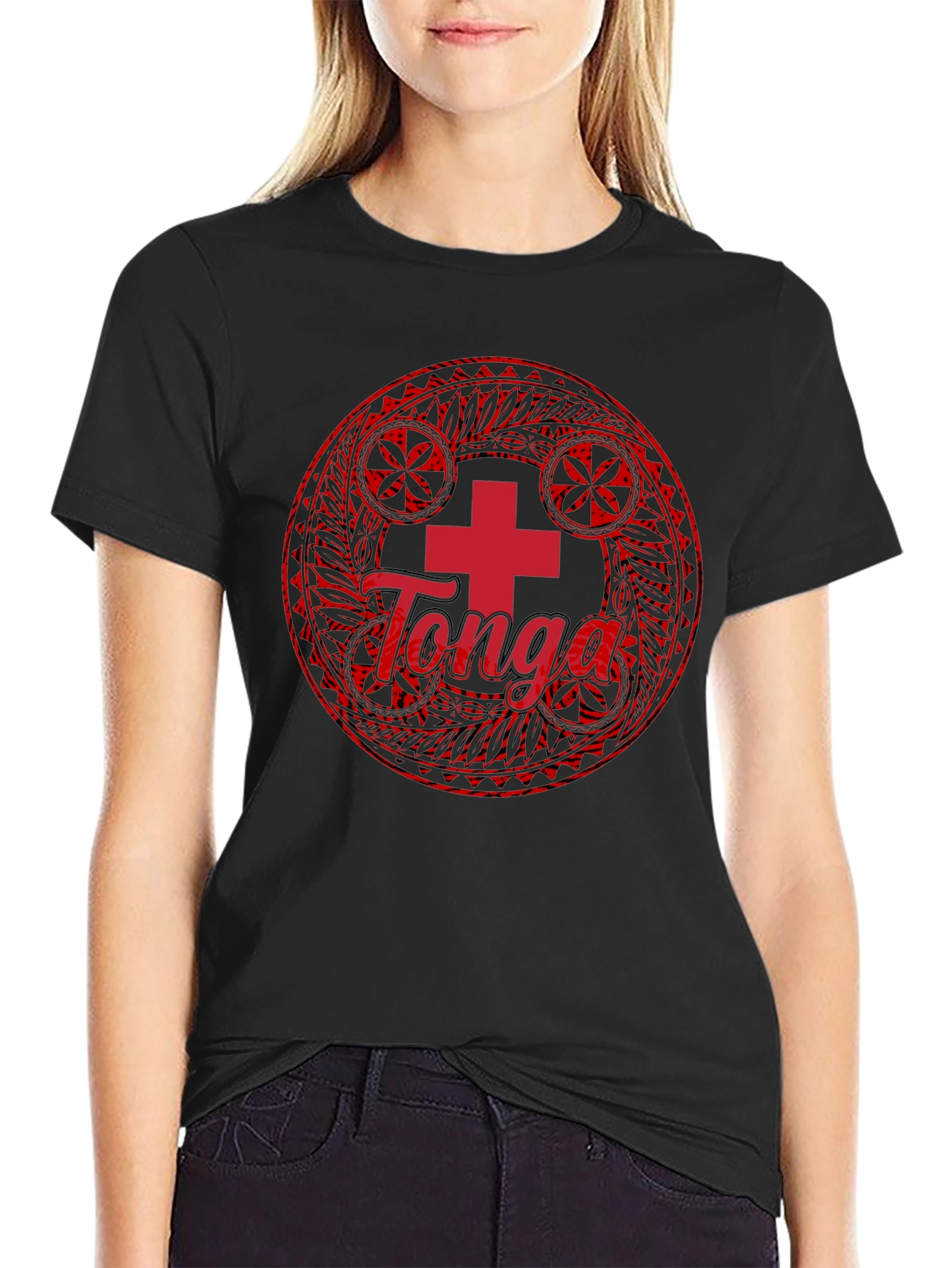 Tonga Flag T-Shirt - Round Emblem Black Cotton