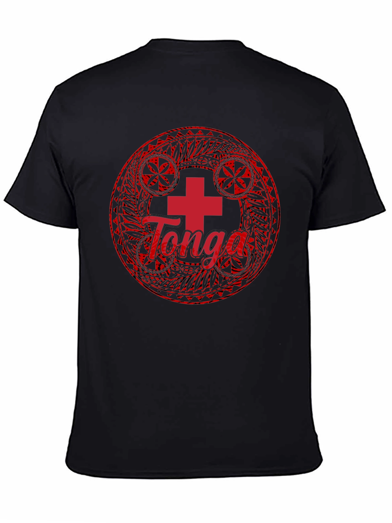 Tonga Flag T-Shirt - Round Emblem Black Cotton