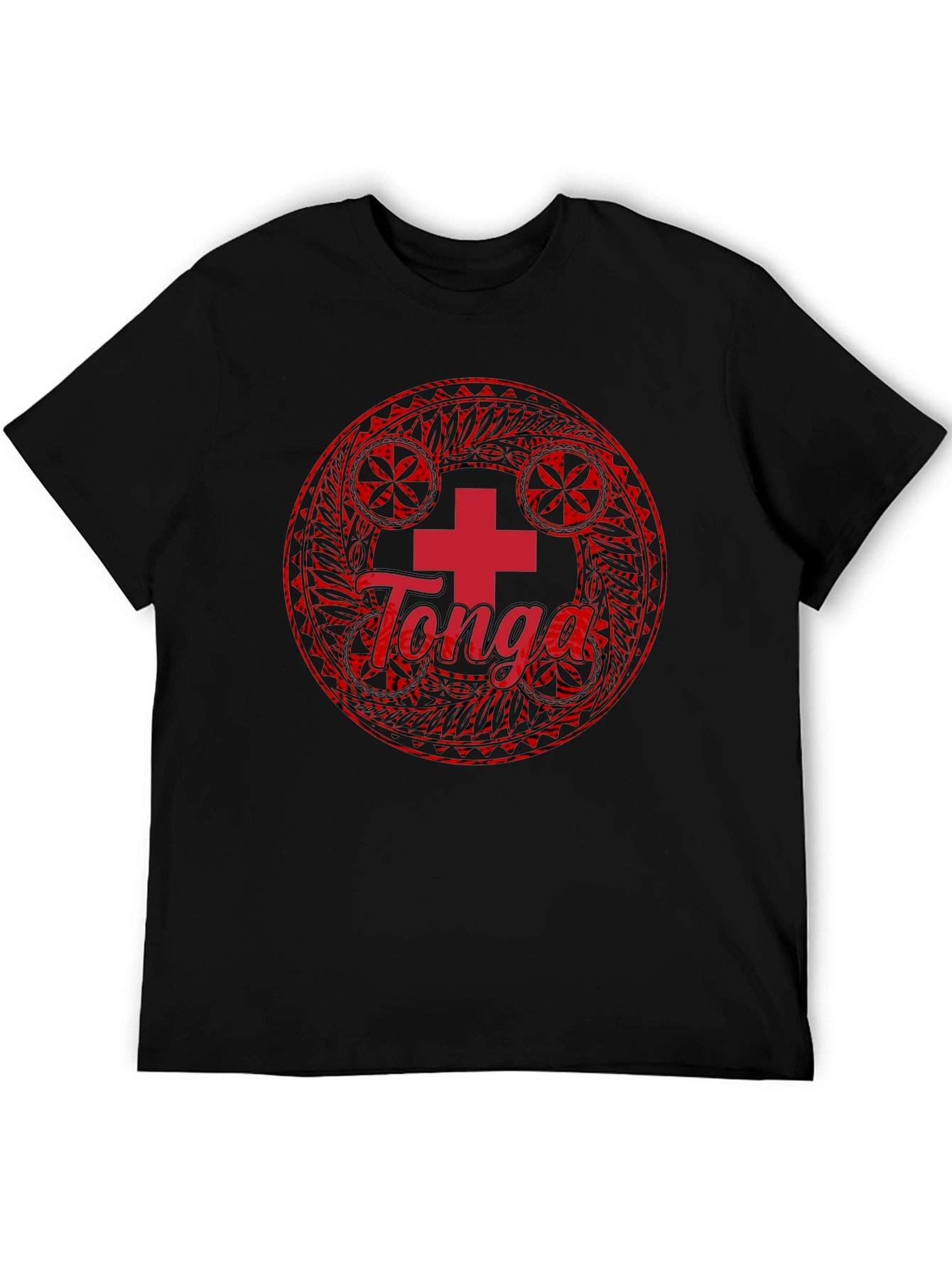Tonga Flag T-Shirt - Round Emblem Black Cotton