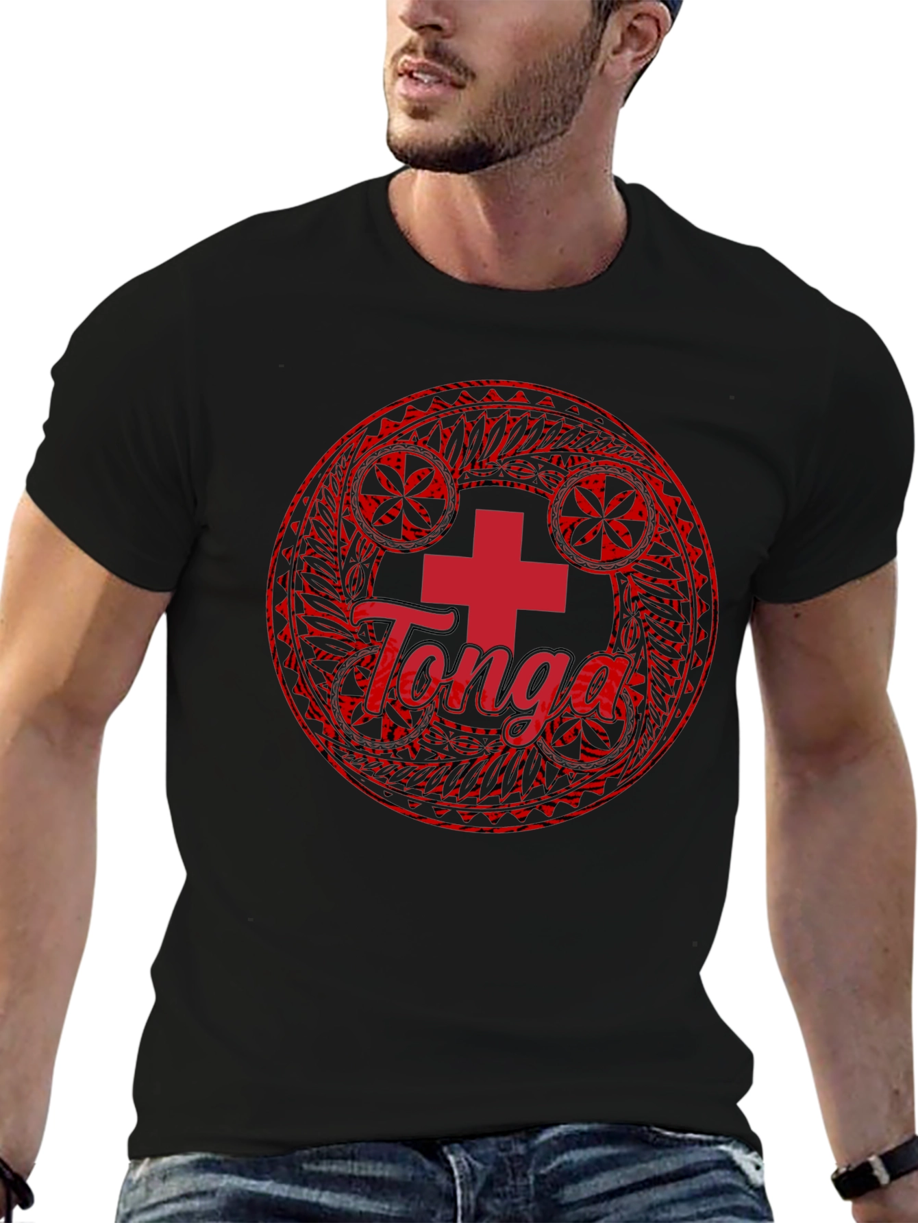Tonga Flag T-Shirt - Round Emblem Black Cotton