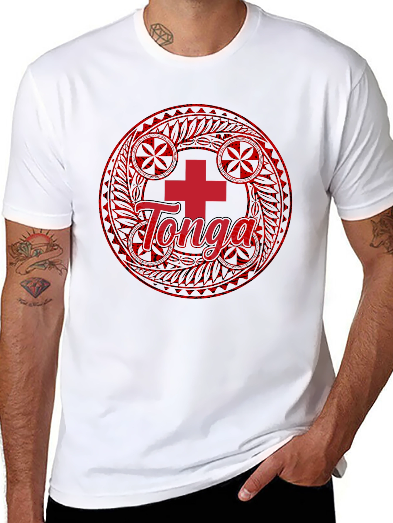 Tonga Flag T-Shirt - Round Emblem Black Cotton