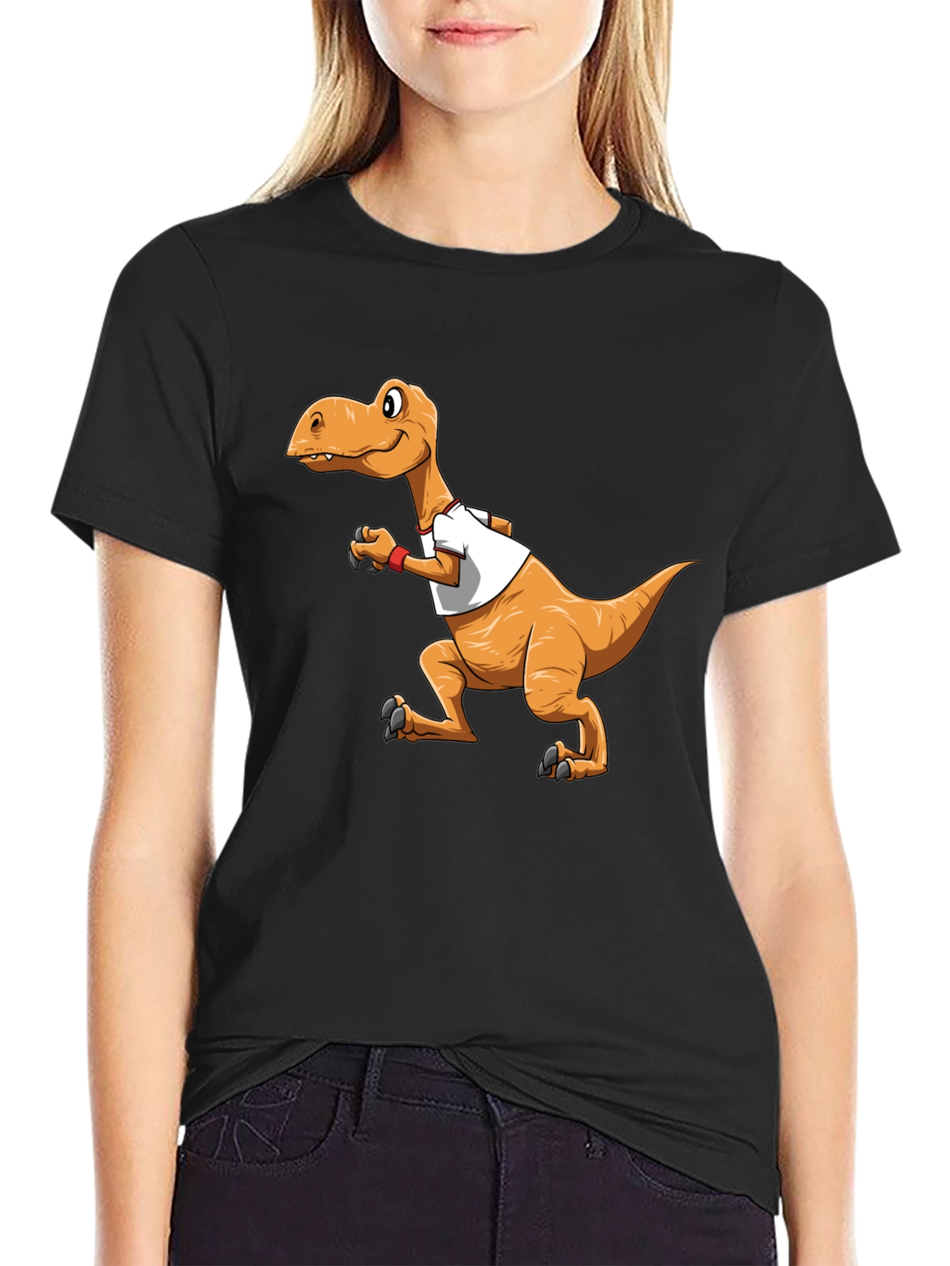 Cartoon Dinosaur Graphic Tee - Black