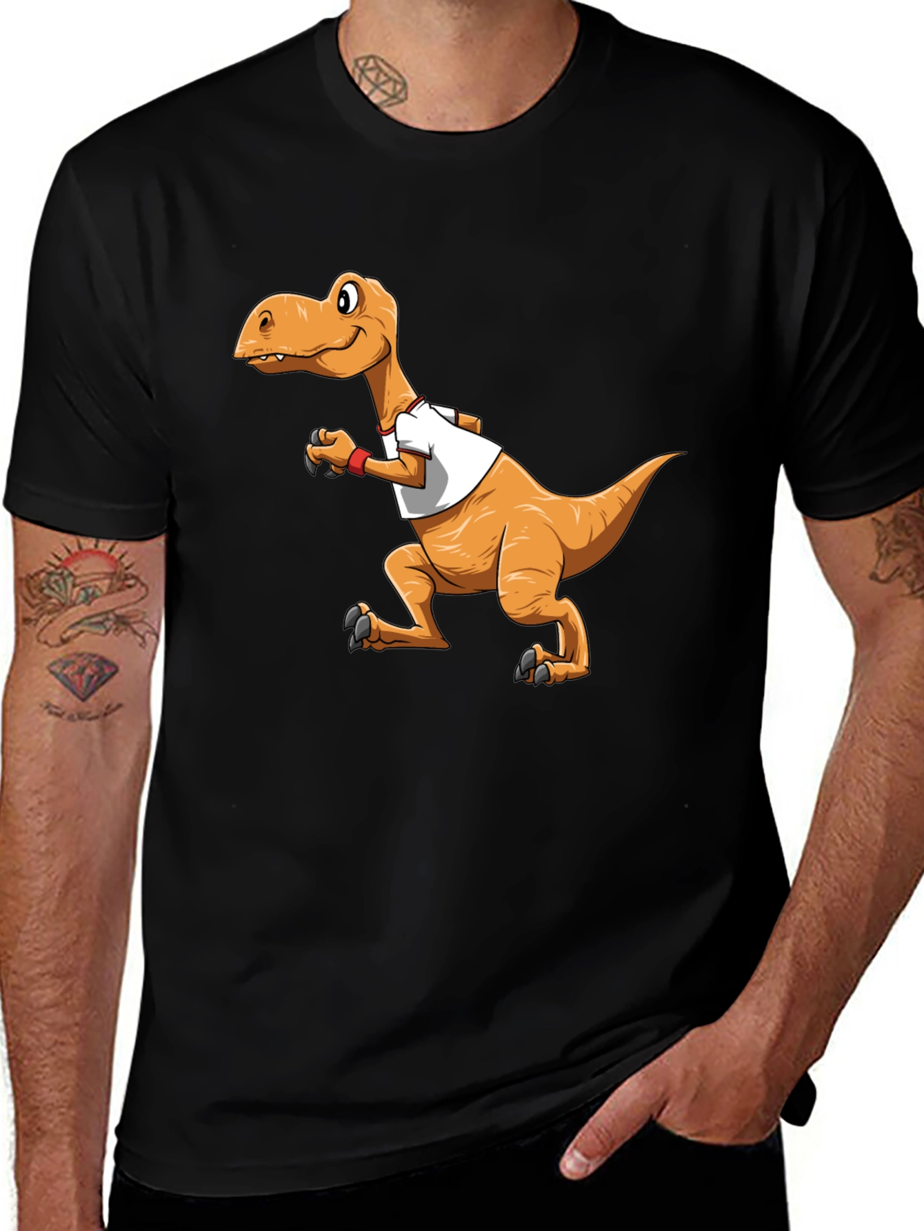 Cartoon Dinosaur Graphic Tee - Black