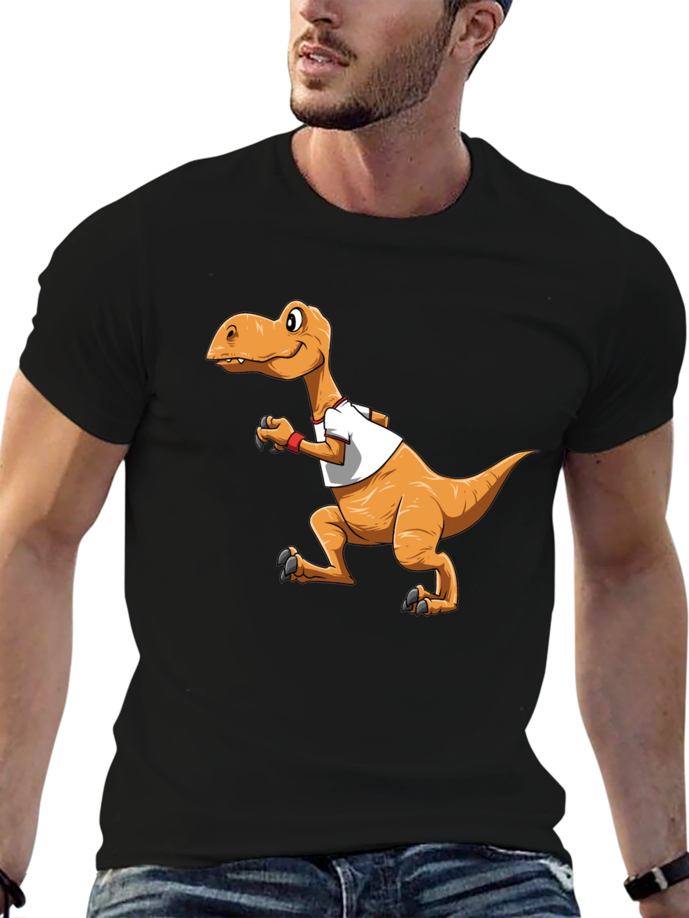 Cartoon Dinosaur Graphic Tee - Black