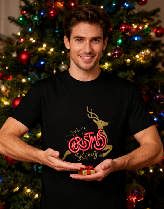 Christmas King Reindeer Neon Graphic T-Shirt - 100% Cotton, Festive Holiday Tee for Christmas Gatherings & Casual Wear